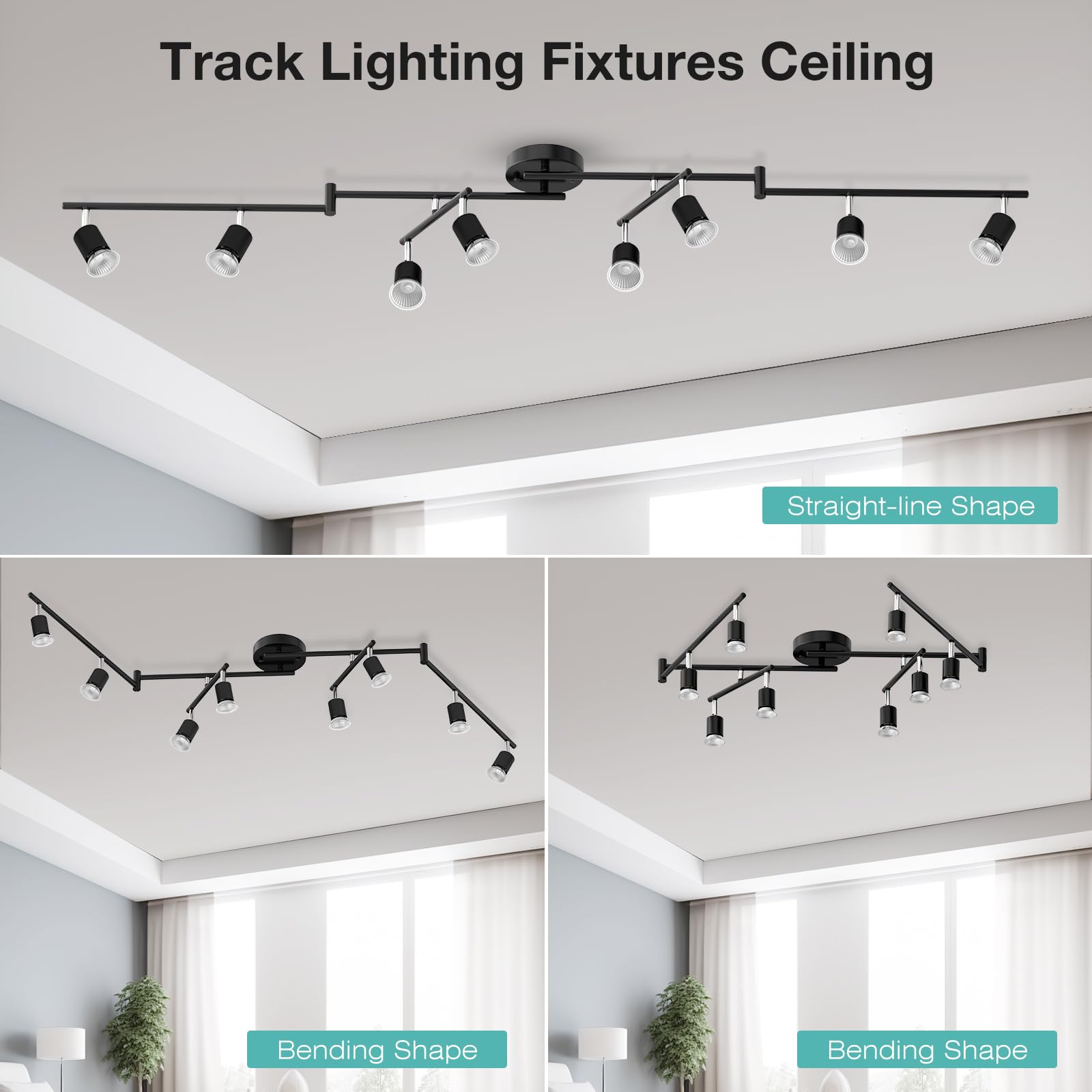 6-Light LED Track Lighting Kit, Ceiling Spotlight with Flexibly Rotatable Light Head, Modern Track Lighting fixtures for Kitchen, Bedroom, Living Room (GU10, Bulbs Not Included)