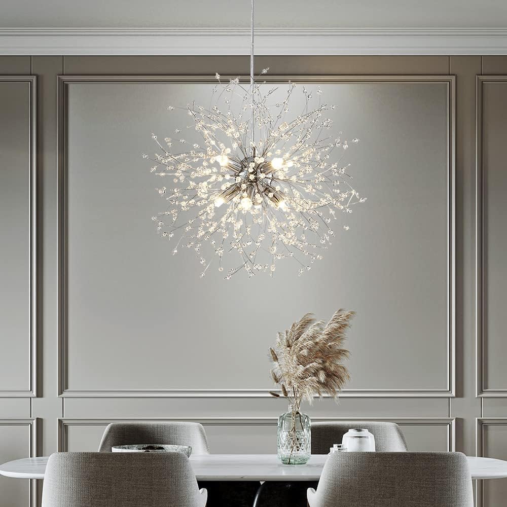 Dandelion Crystal Chandeliers, Modern Design, Firework Pendant Light Fixture for Living Space, H17'' x D17'', Adjustable Chains 59'', G9*9 Sockets, Brilliant Gold Finish Frame