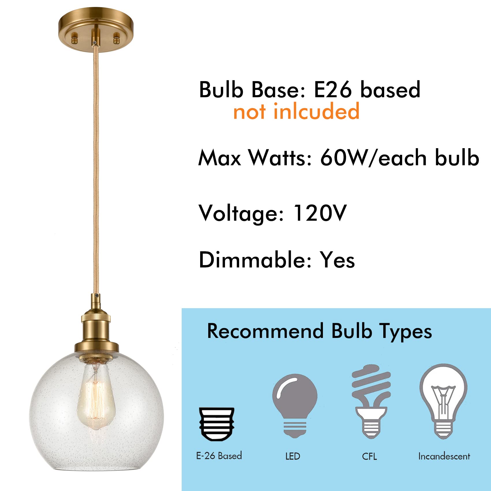 YUBOLE Modern Brass Seeded Glass Pendant Lights Golden Finish Kitchen Pendant Lighting Fixture Dimmable Hanging Pendant Lighting