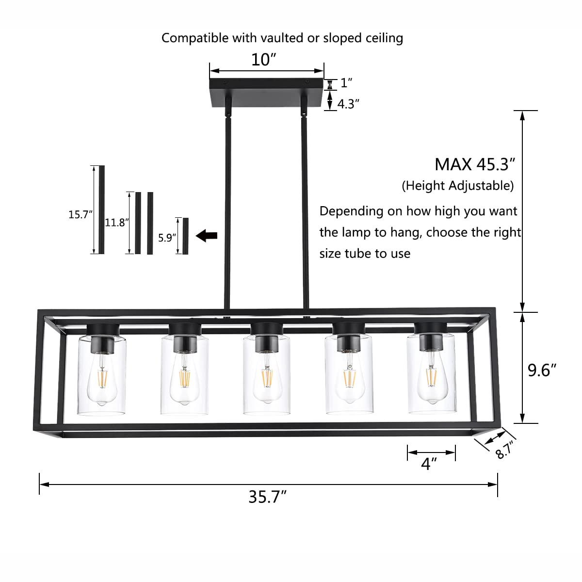 Farmhouse Chandelier for Kitchen Island, Matte Black 5-Light Dining Room Lighting Fixtures, Modern Rectangular Pendant Lighting Chandelier with Clear Glass Shade