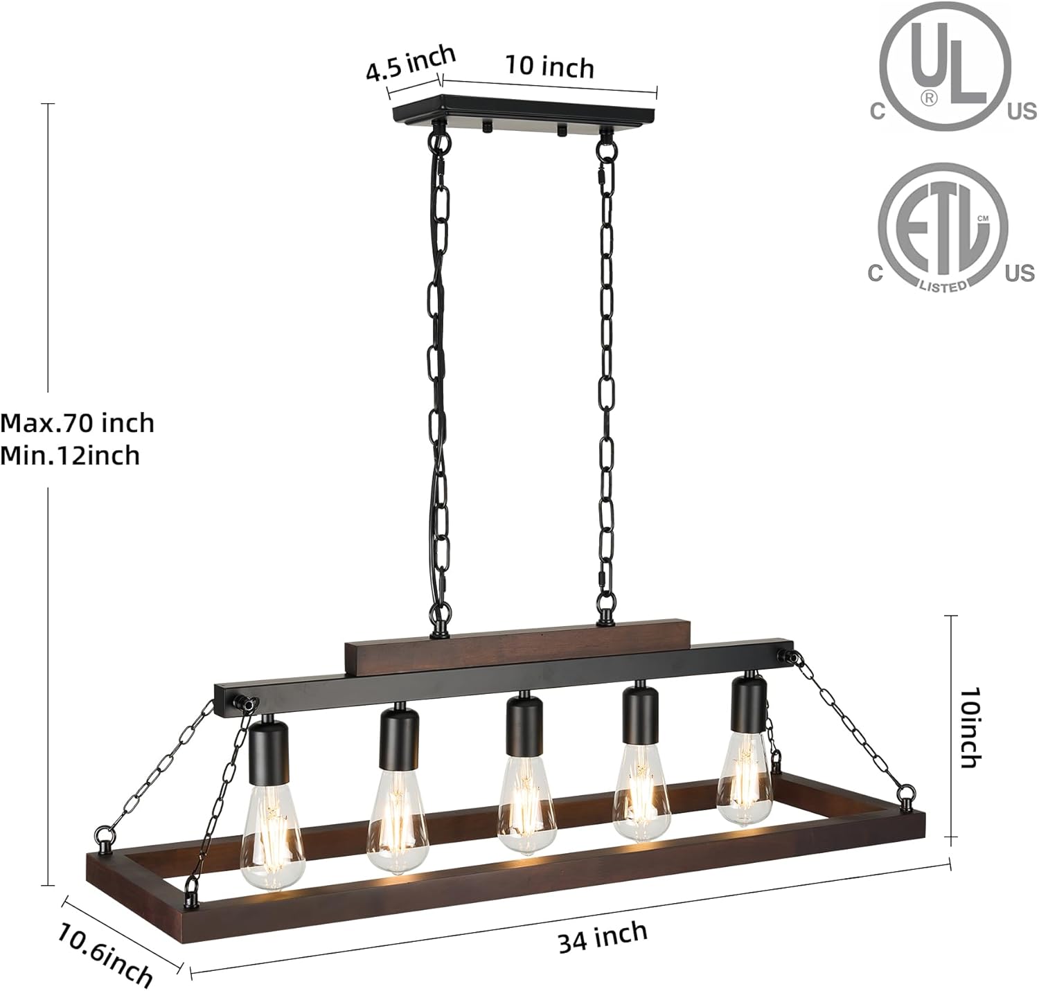 Rustic Kitchen Island/Dining Room Light Fixture Farmhouse Rectangle Wood Linear Chandelier Over Table 5-Light Black Retro Industrial Metal Ceiling Hanging Pendant Lighting Fixtures(95% Assembled.)