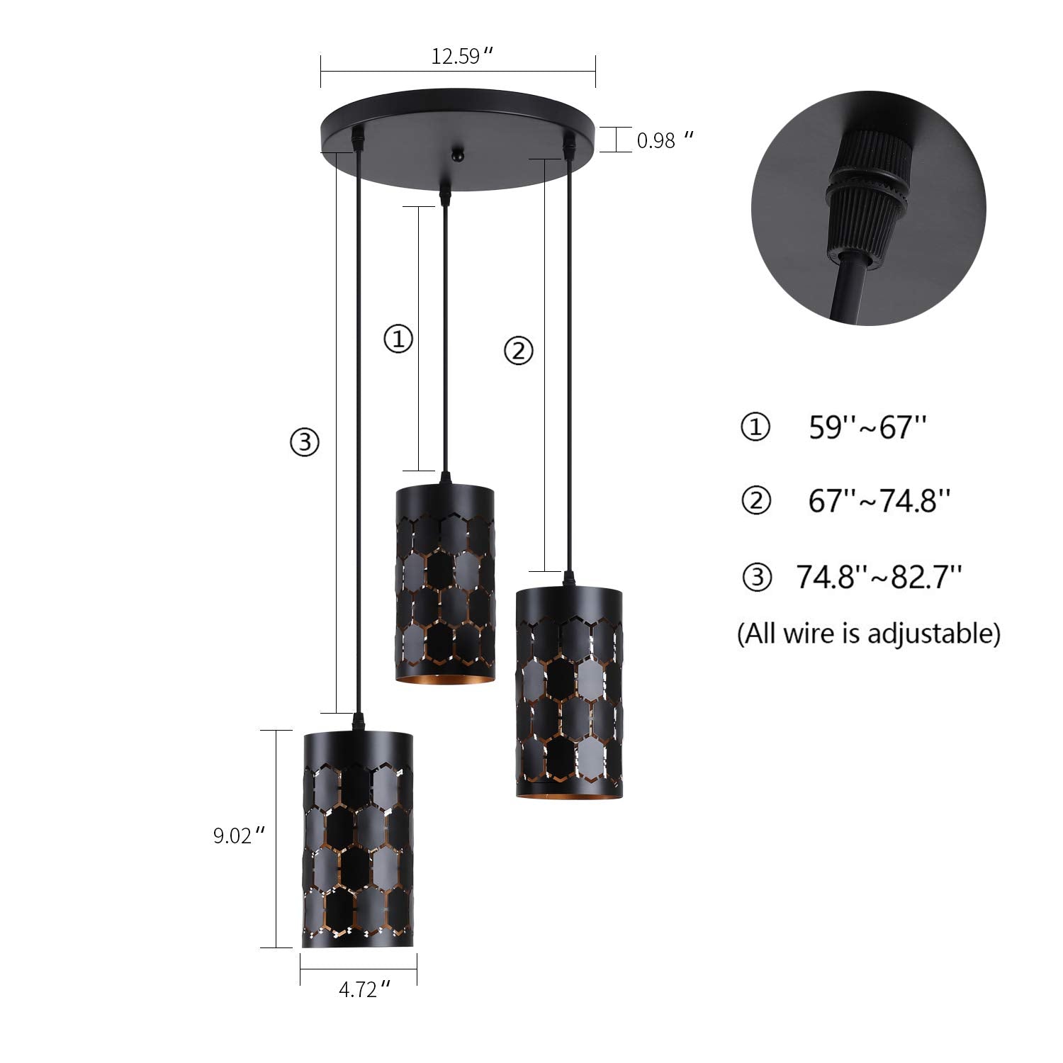 3-Light Modern Kitchen Island Lighting with Cylindrical Metal Cage, Industrial Round Base Multi Pendant Light Fixture for Dining Room Living Room Farmhouse, Gold Inner and Black