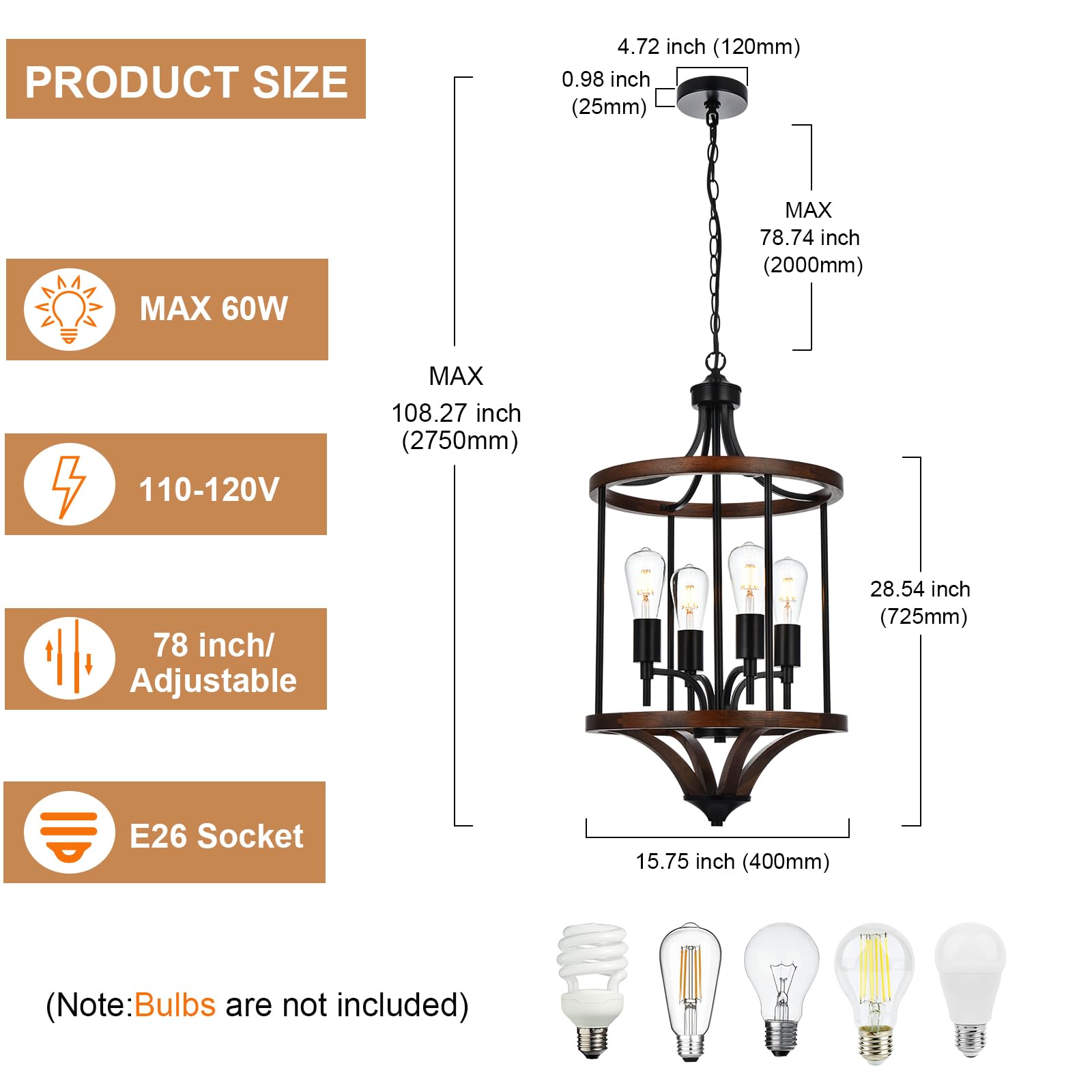 Wooden Chandelier 3-Light Vintage Chandelier Industrial Retro Rustic Black Pendant Light Fixtures for Dining Room Kitchen Island Living Room Bar