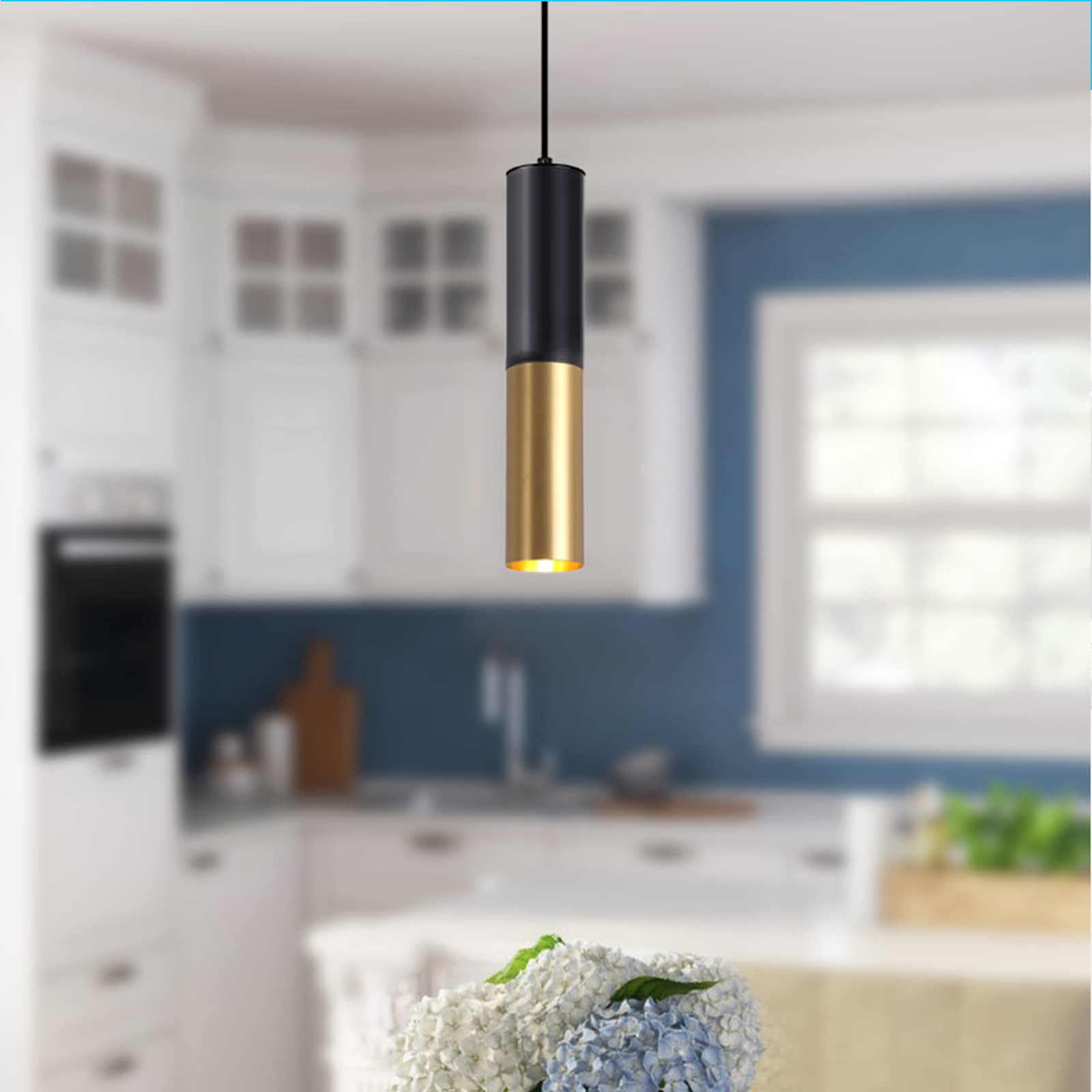 Modern Pendant Light Fixture for Kitchen Island,1-Light Black Gold Pendant Lighting Ceiling Hanging Light Cord Adjustable for Living Room Bedroom Bar (1 Pack)