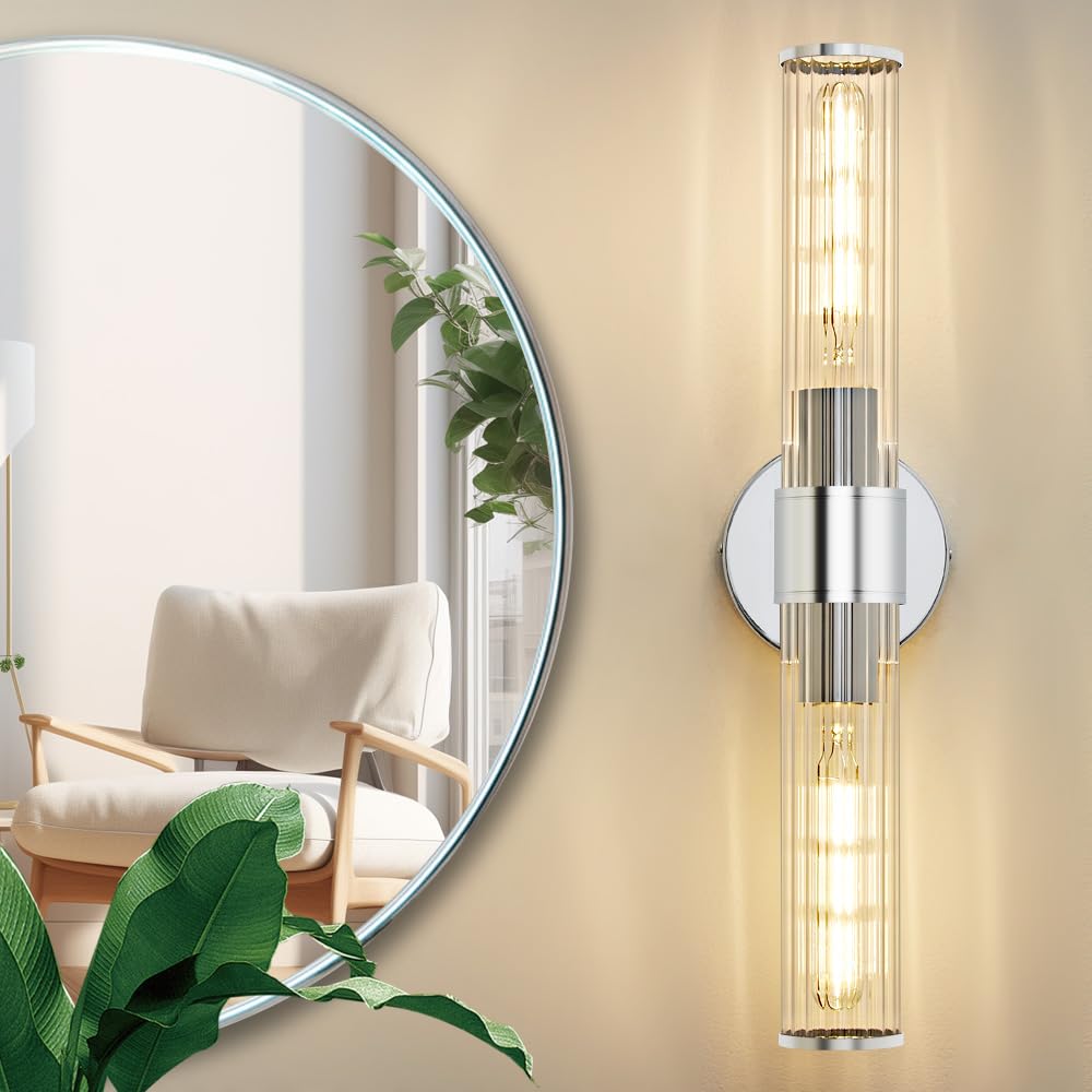 Gold Wall Sconce, Bathroom Light Fixtures in Clear Glass Indoor Wall Sconces, Modern Sconce Wall Lighting Up and Down Vanity Lights Fixtures for Bathroom,Living Room,Hallway, Kitchen