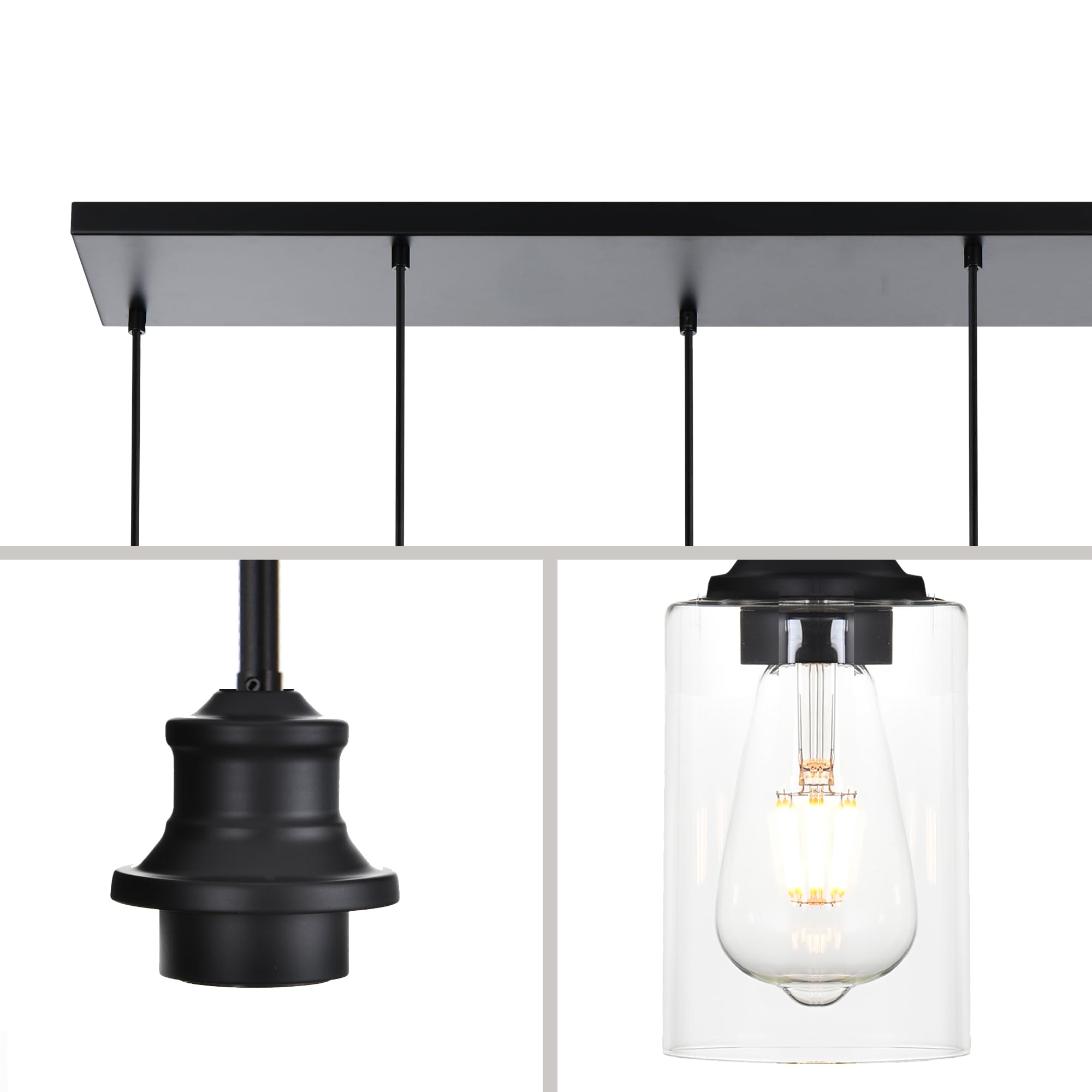 3-Light Kitchen Island Pendant Light Fixtures Hanging Black Farmhouse Pendant Lighting Cluster with Clear Glass Shade, Modern Industrial Linear Chandeliers Light for Dining Room Foyer Hallway