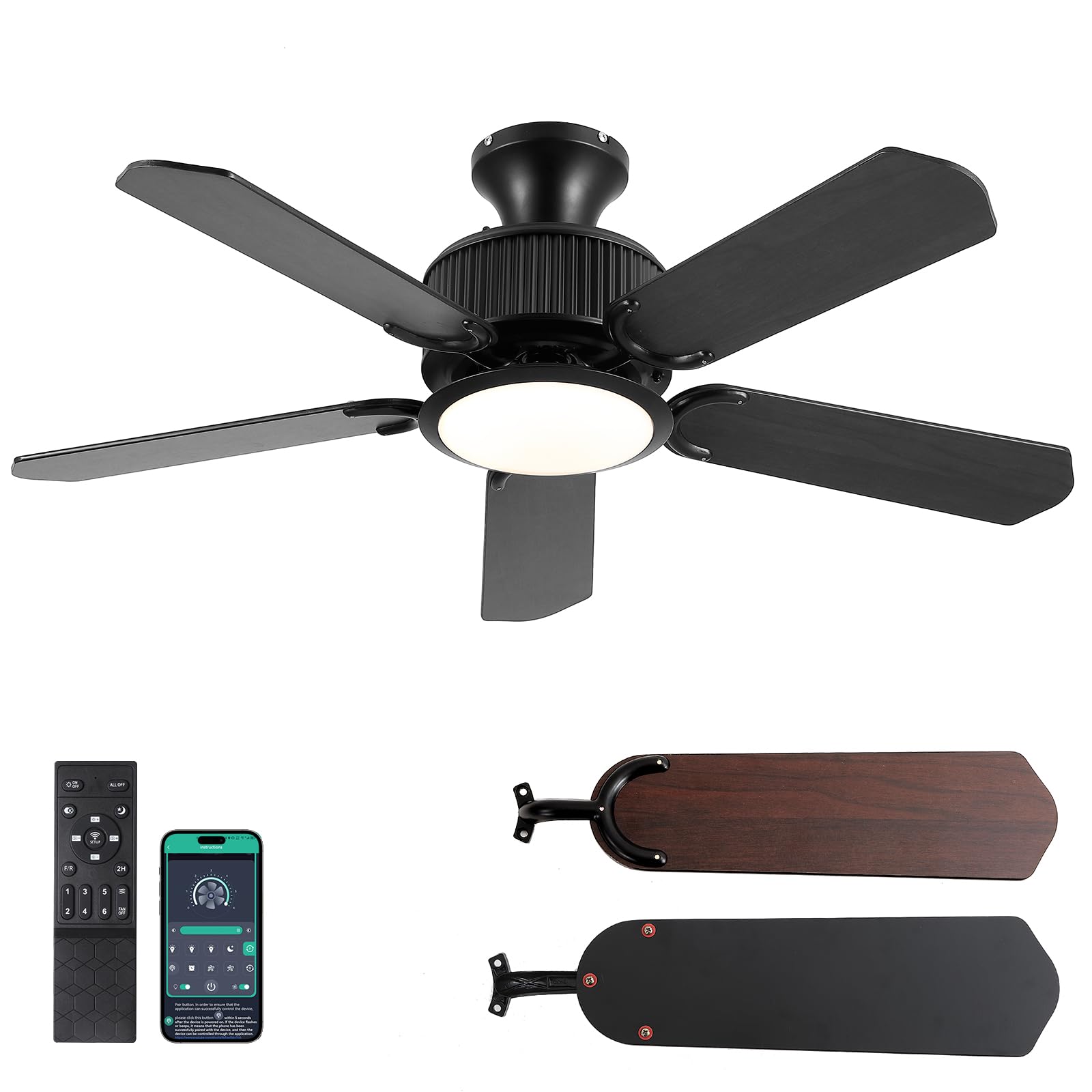 44“Ceiling Fans with Lights-Low Profile Ceiling Fan with Light and APP&Remote Control,Flush Mount Ceiling Fan for Indoor/Outdoor,3 Colors Dimmable,5 Reversible Double-Sided Blades（Black）