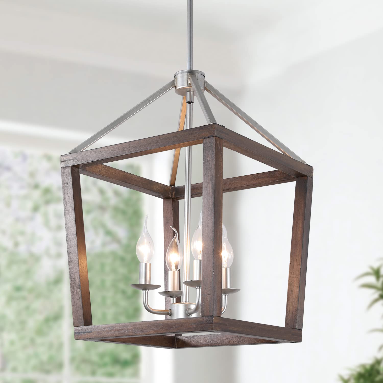 Farmhouse Chandelier,Wood Pendant Light,4-Light Wooden Ktchen Pendant Lighting Over Island,Foyer,Entryway,Hallway,Bedroom,Living Room,Kitchen