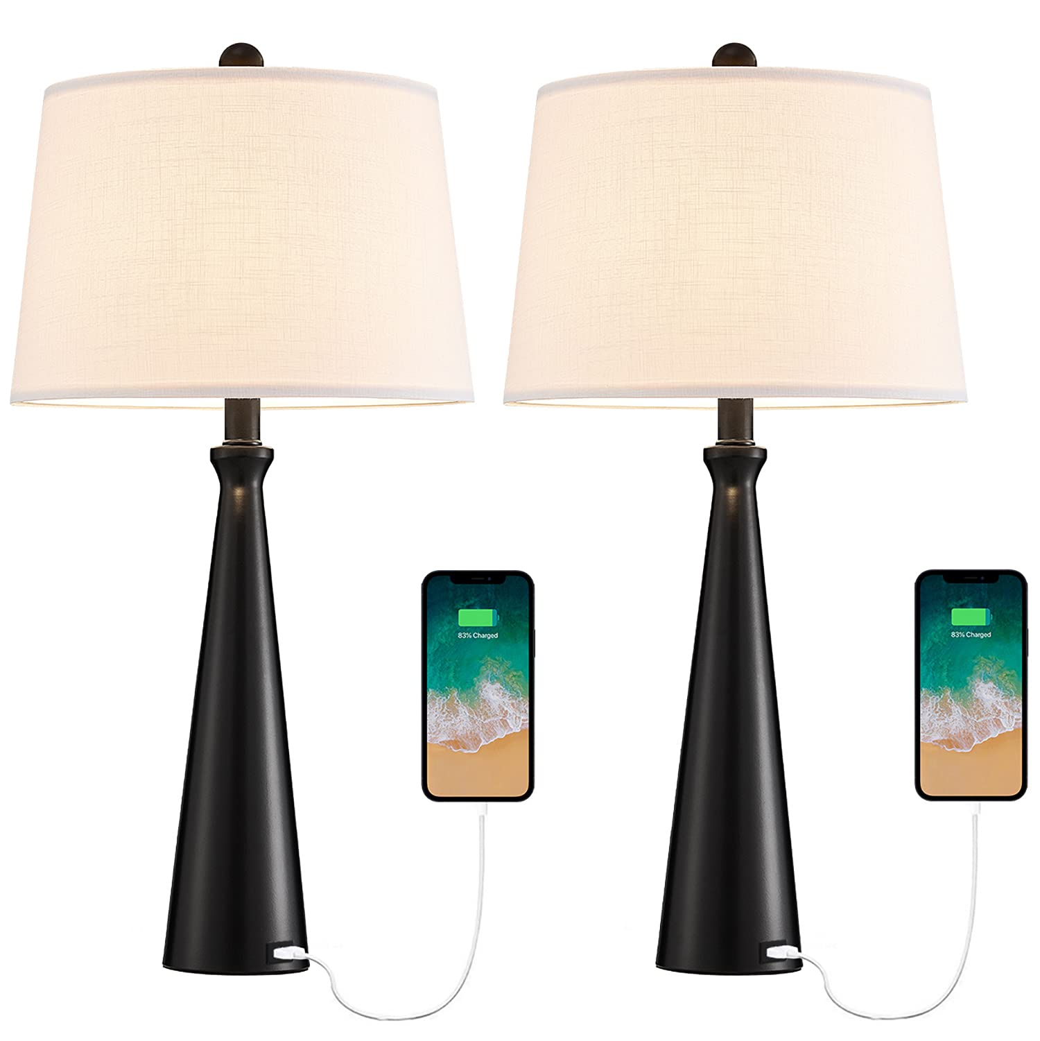 Modern Table Lamps with USB Port Set of 2 Accent Gold Nightstand Lamp for Living Room Bedroom Office Black