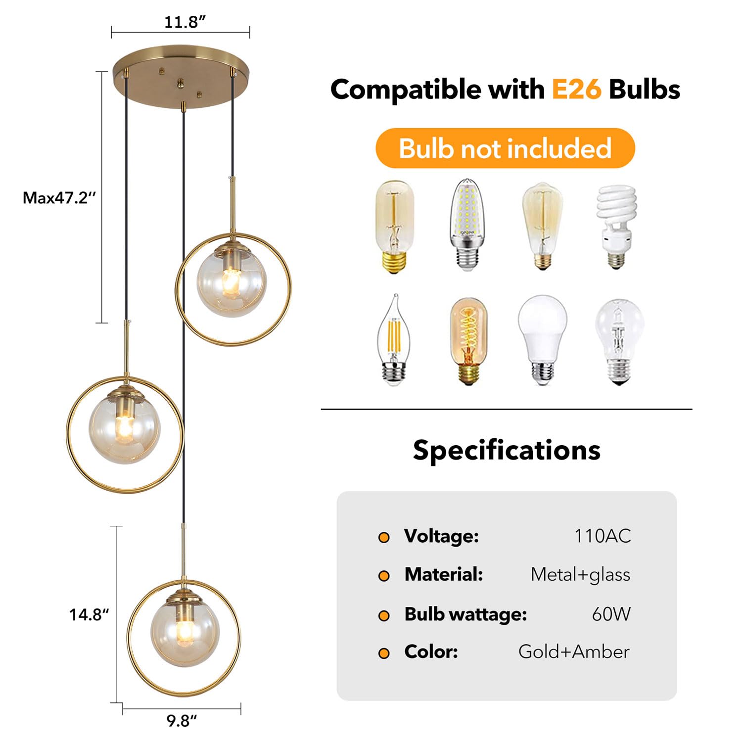 3 Light Pendant Lighting Modern Amber Glass Pendant Light Adjustable Hanging Pendant Lights Ceiling Lighting Fixture for Kitchen Dining Room Living Room Foyer Hallway