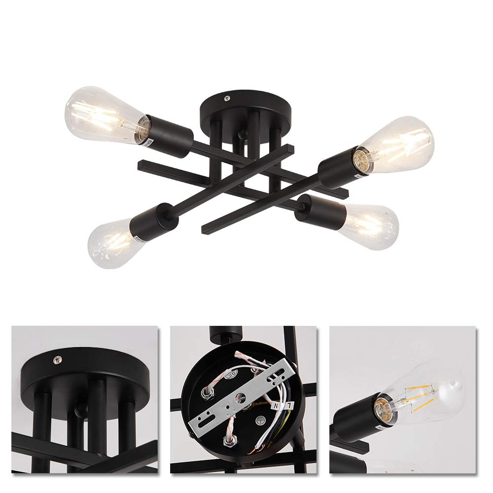 4-Light Semi Flush Mount Ceiling Light Fixture 2 Pack Ceiling Light Matte Black with E26 Base Modern Ceiling Light for Porch Bedroom Hallway Kitchen Farmhouse