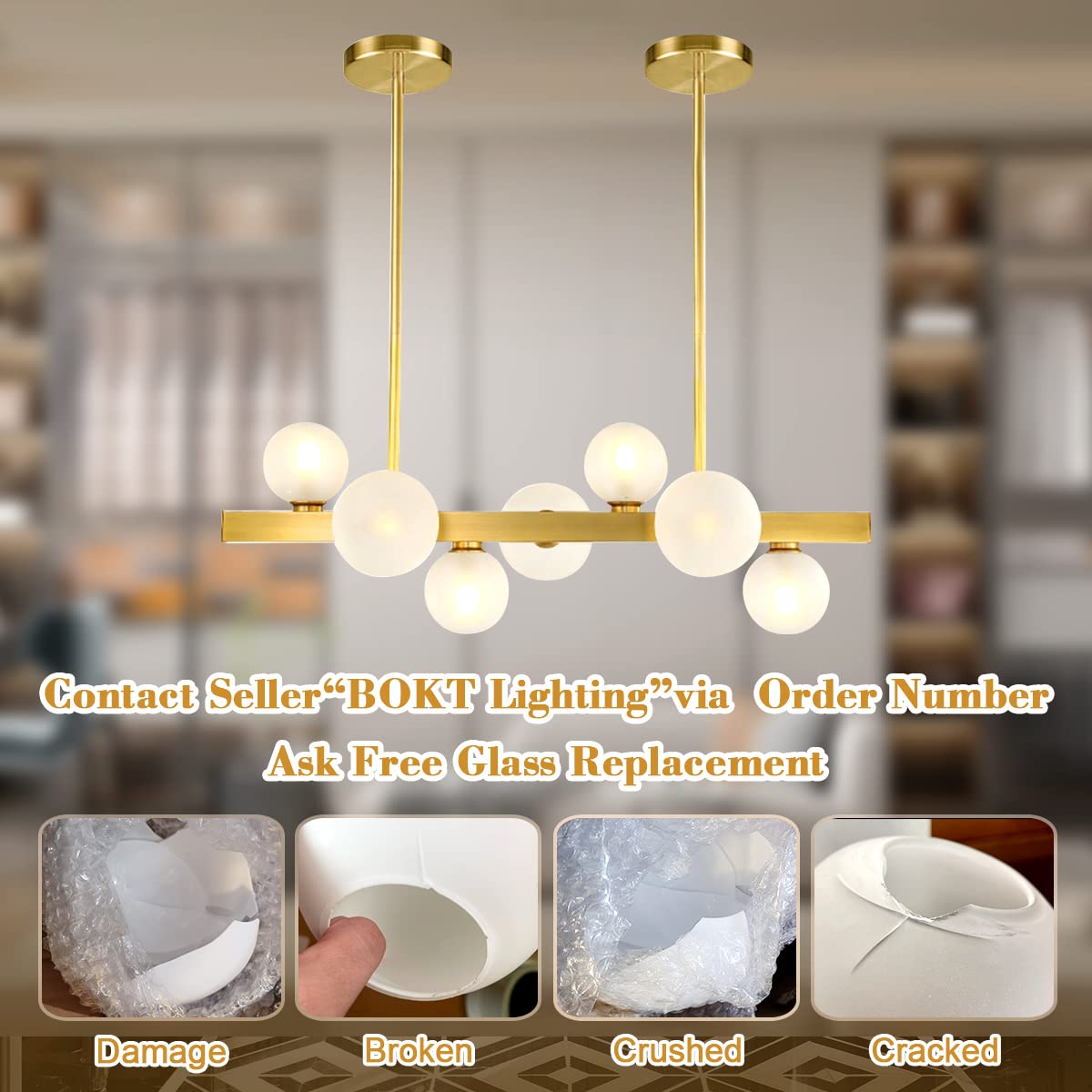 BOKT Modern Gold Chandelier 7-Lights Frosted Glass Globe Pendant Light Kitchen Island Linear Hanging Lighting Fixtures for Living Room Bedroom Dining Room Corridor