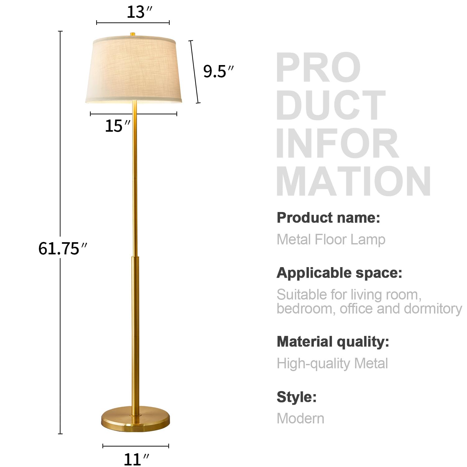 Oneach 61.75" Modern Floor Lamp for Living Room Tall Lamp for Bedroom Gold Floor Lamp with Rotary Switch Industrial Standing Lamp Floor Lamp for Nursery Study Room Office