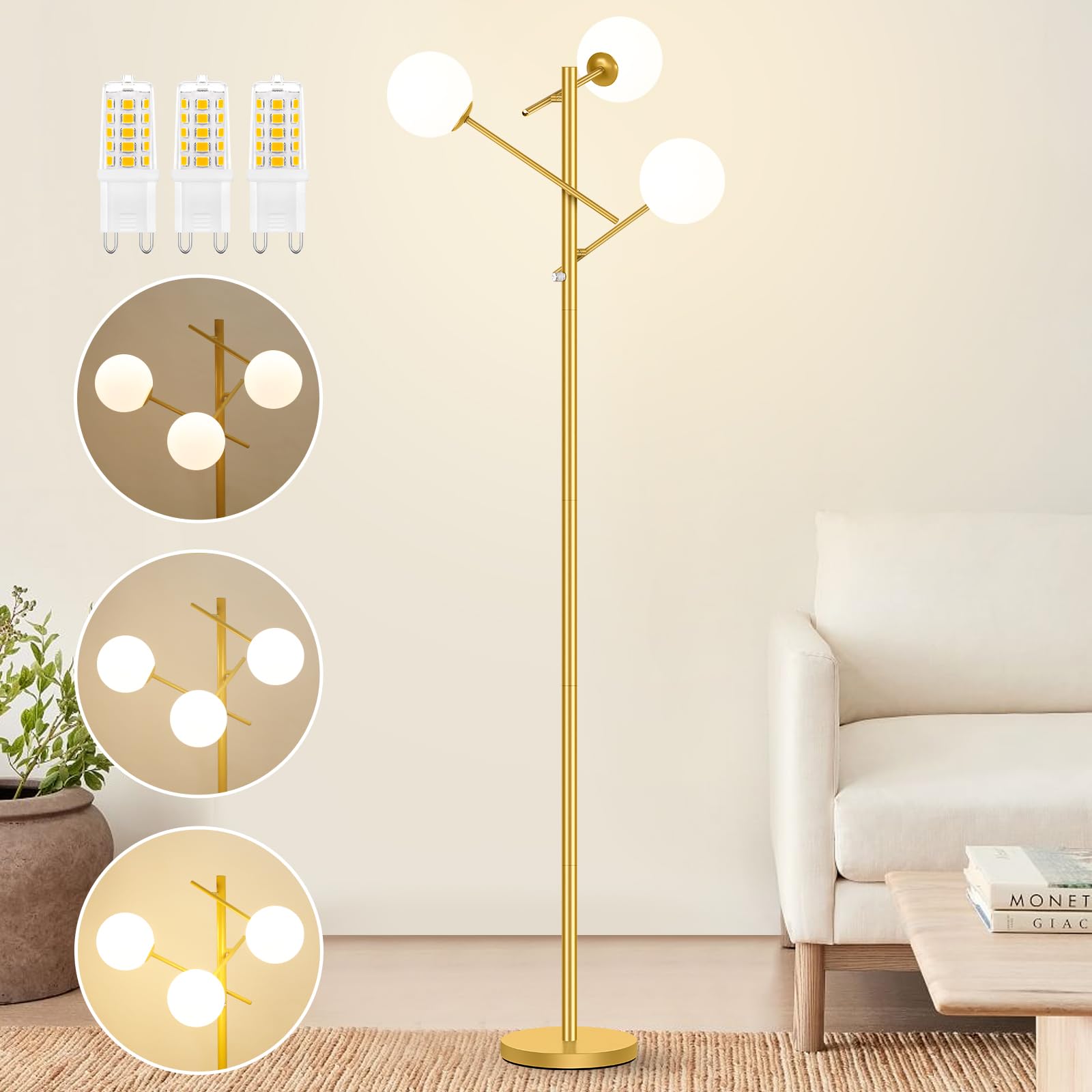 Dimmable Floor Lamp for Living Room, 67” Gold Standing Lamp with 3 Globe Glass Shade, Modern Tall Lamp, Adjustable 3-Light Tree Pole Lamp, Brass Corner Lamp for Bedroom Office Hotel, 3 Bulbs Included