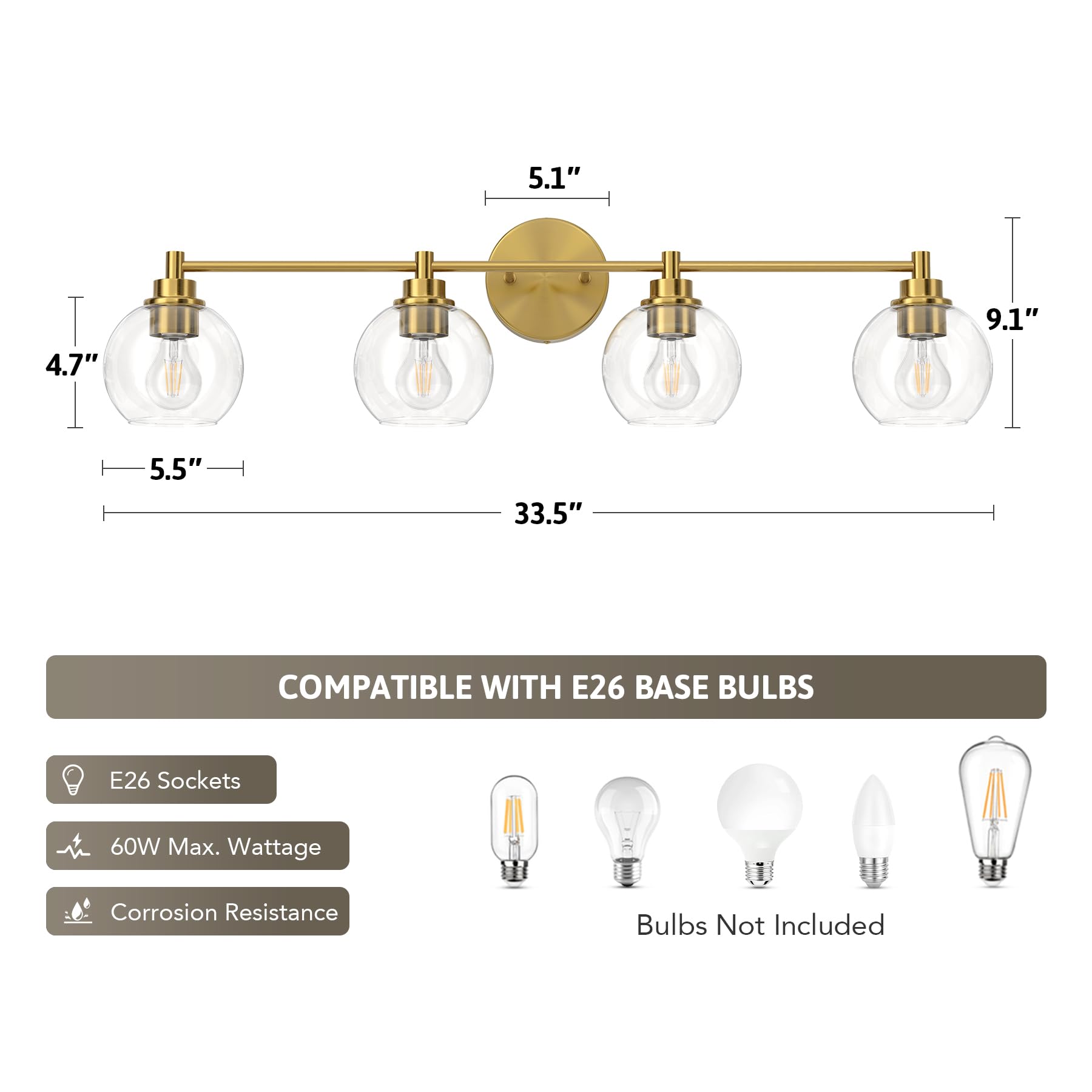 Bathroom Light Fixtures, 2-Light Bathroom Vanity Light with Globe Glass Shades E26 Sockets, Bathroom Lights Over Mirror for Bedroom Hallway Living Room, Gold Finish