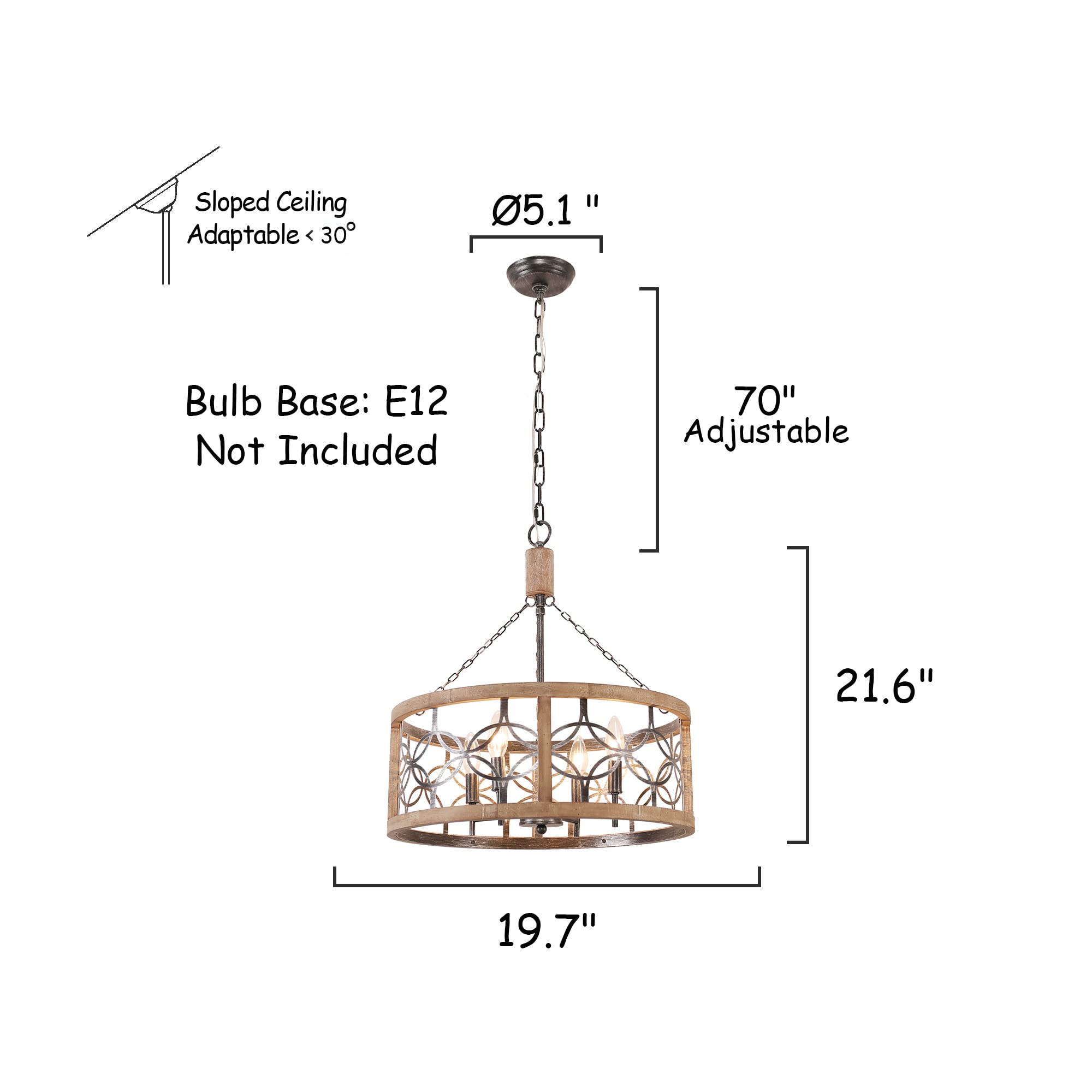 Rustic Farmhouse Chandelier, 4-Light Handmade Wood Pendant for Kitchen, Dining, Foyer, W19.7 x H21.6, Weathered Wood