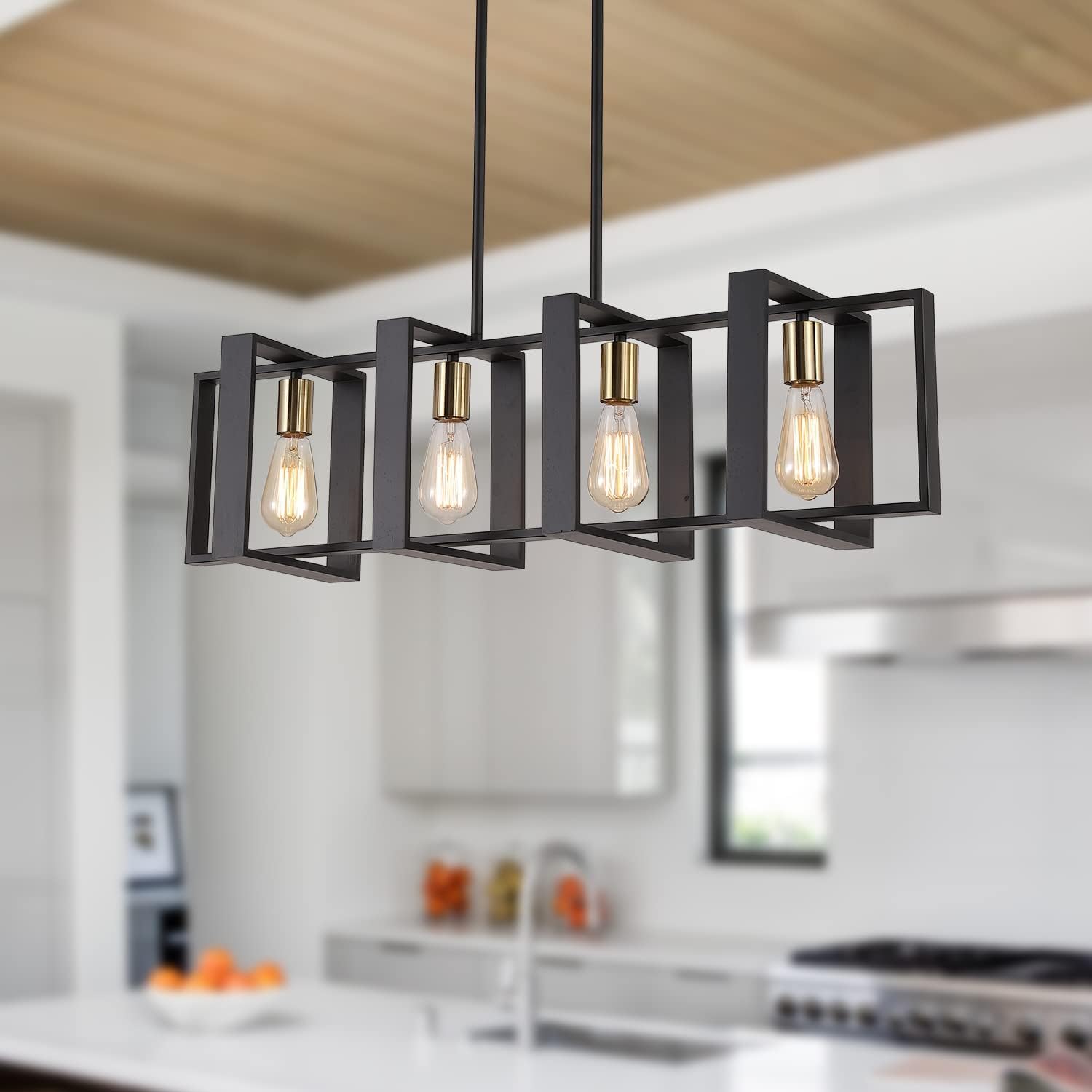 9MMML 3 Lights Kitchen Island Lighting, Modern Rectangle Linear Pendant Light, Black Frame+ Gold Socket Chandelier for Dining &Living Room Foyer Entryway Hallway,E26,Height Adjustable.