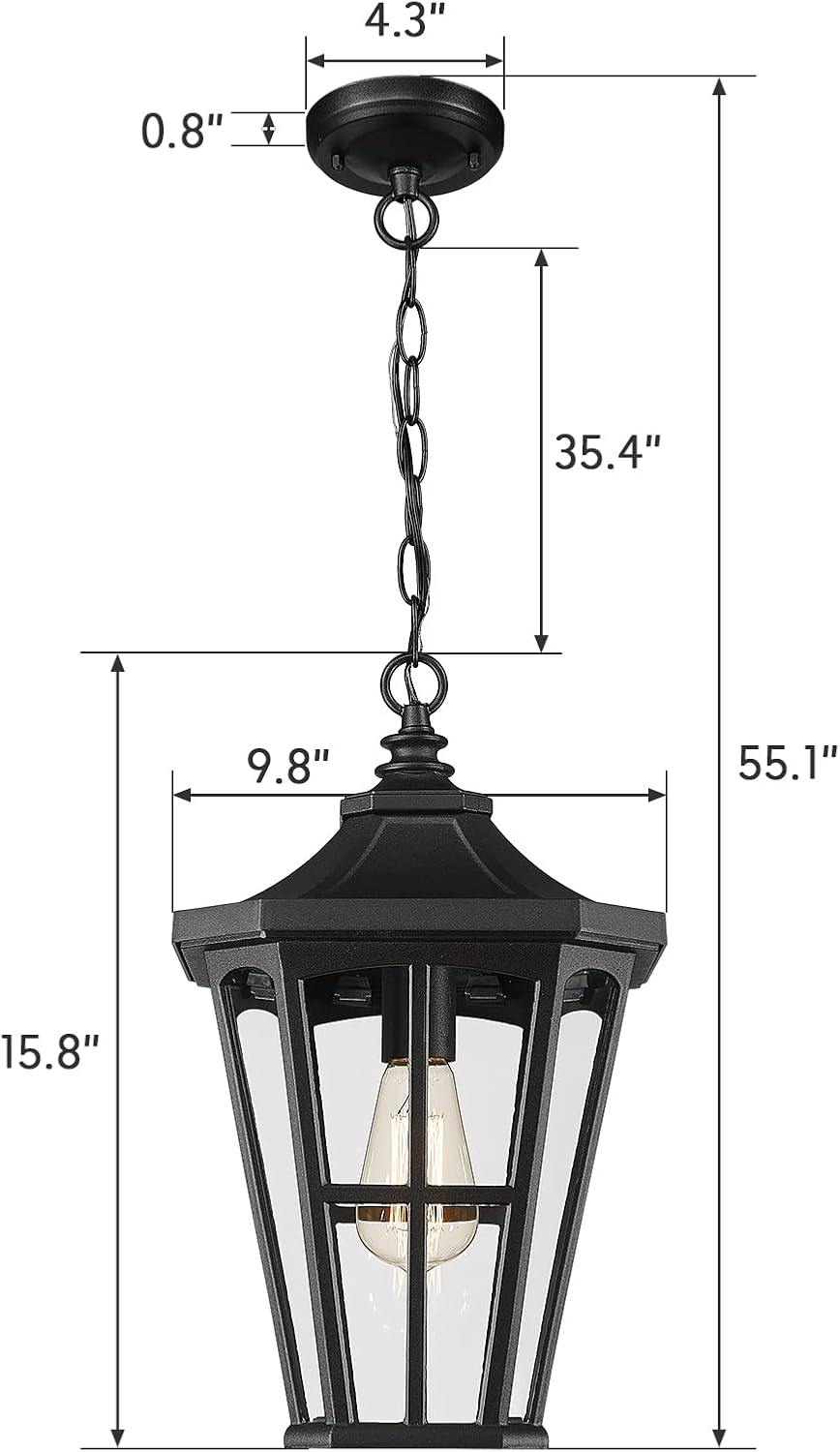 Farmhouse Outdoor Hanging Light for Porch - 16 Inch Large Exterior Pendant Light, Clear Glass Shade in Black Finish, XE221H BK