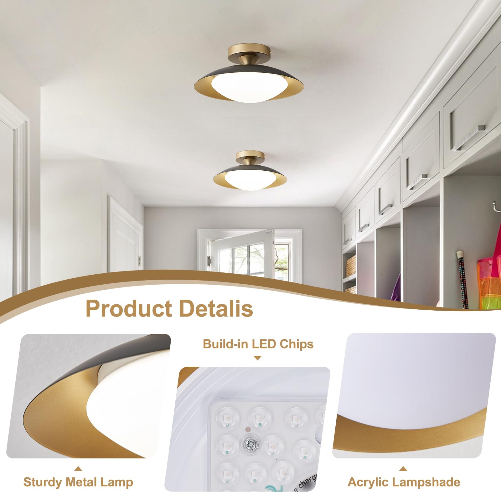 Dimmable Flush Mount Ceiling Light, Modern White and Gold Semi Ceiling Light, LED 5CCT 2700 K - 6000 K Lighting Fixture Ceiling Lamp for Hallway Bedroom Bathroom Kitchen