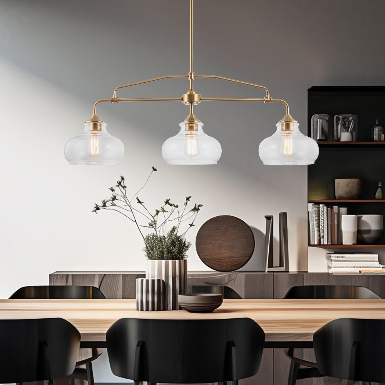 Kira Home Harlow 38" Modern Industrial Farmhouse 3-Light Kitchen Island Light with Clear Glass Shades, Adjustable Hanging Height, for Dining Room, Living Room or Kitchen, Cool Brass Finish