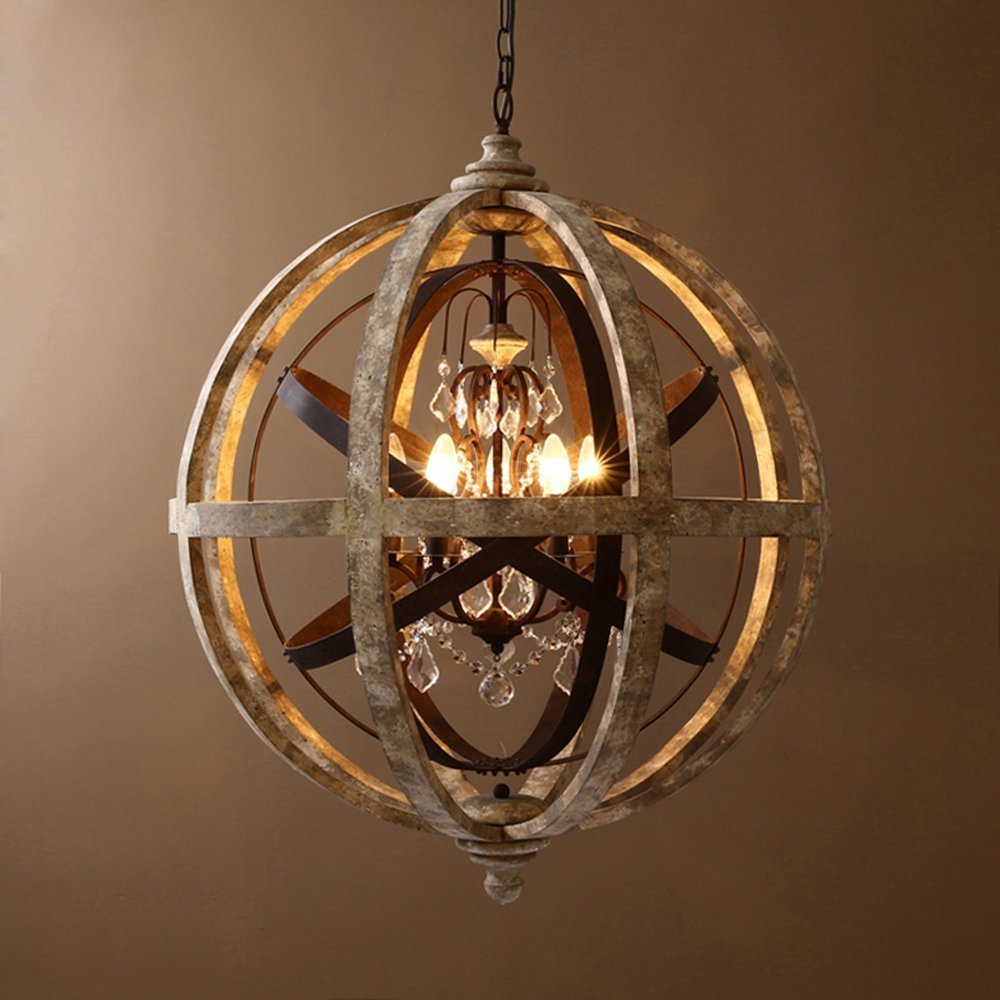 Rustic Retro Weathered Wooden Globe Metal Orb Crystal 5-Light Chandelier Candle Style Wood Pendant Light Fixtures (Medium)