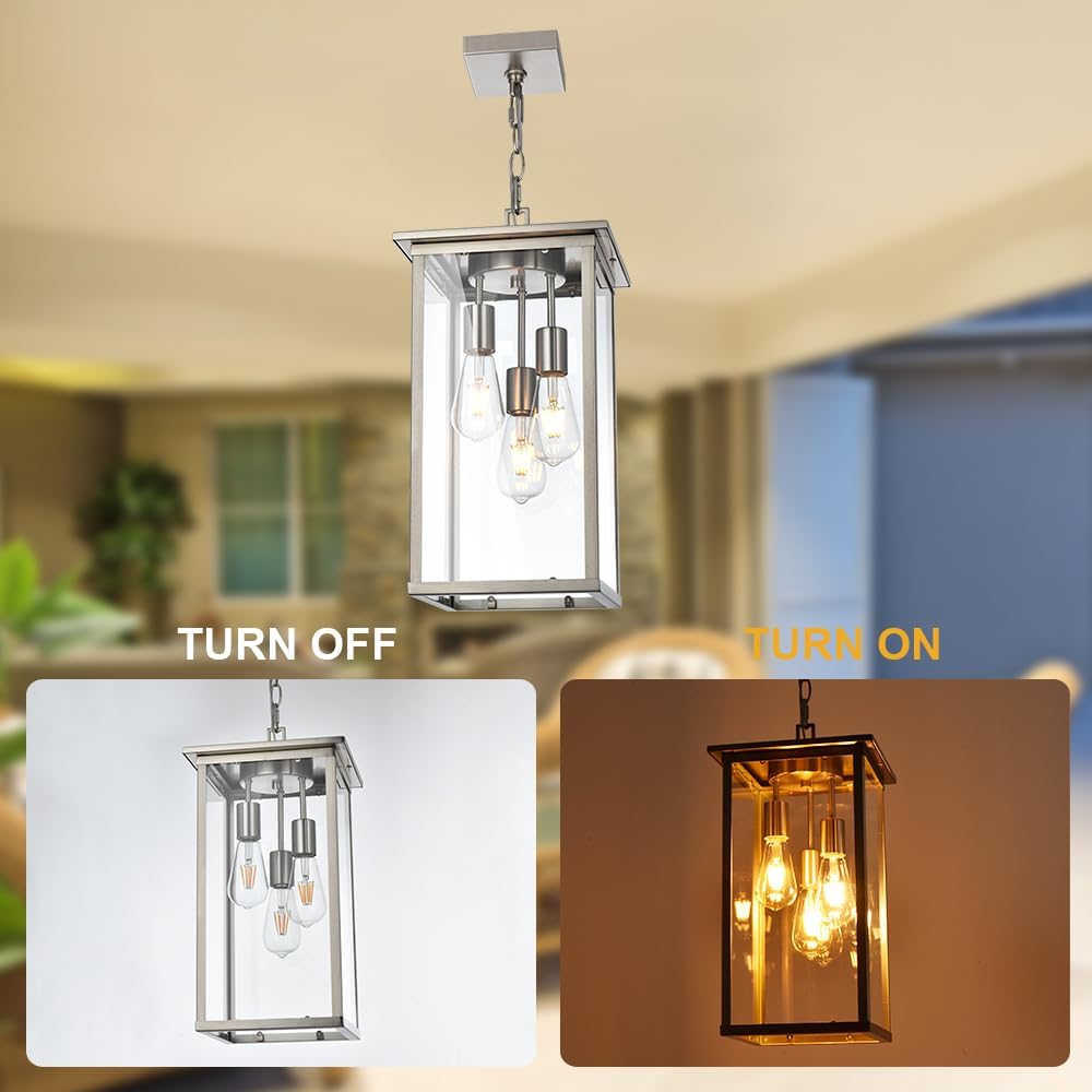 Lagre Outdoor Pendant Light Fixtures, Brushed Nickel Exterior Porch Hanging Lighting with Adjustable Chain, Clear Glass Panel Ceiling Lantern for Front Door Foyer Entryway, E26 Bulb Base