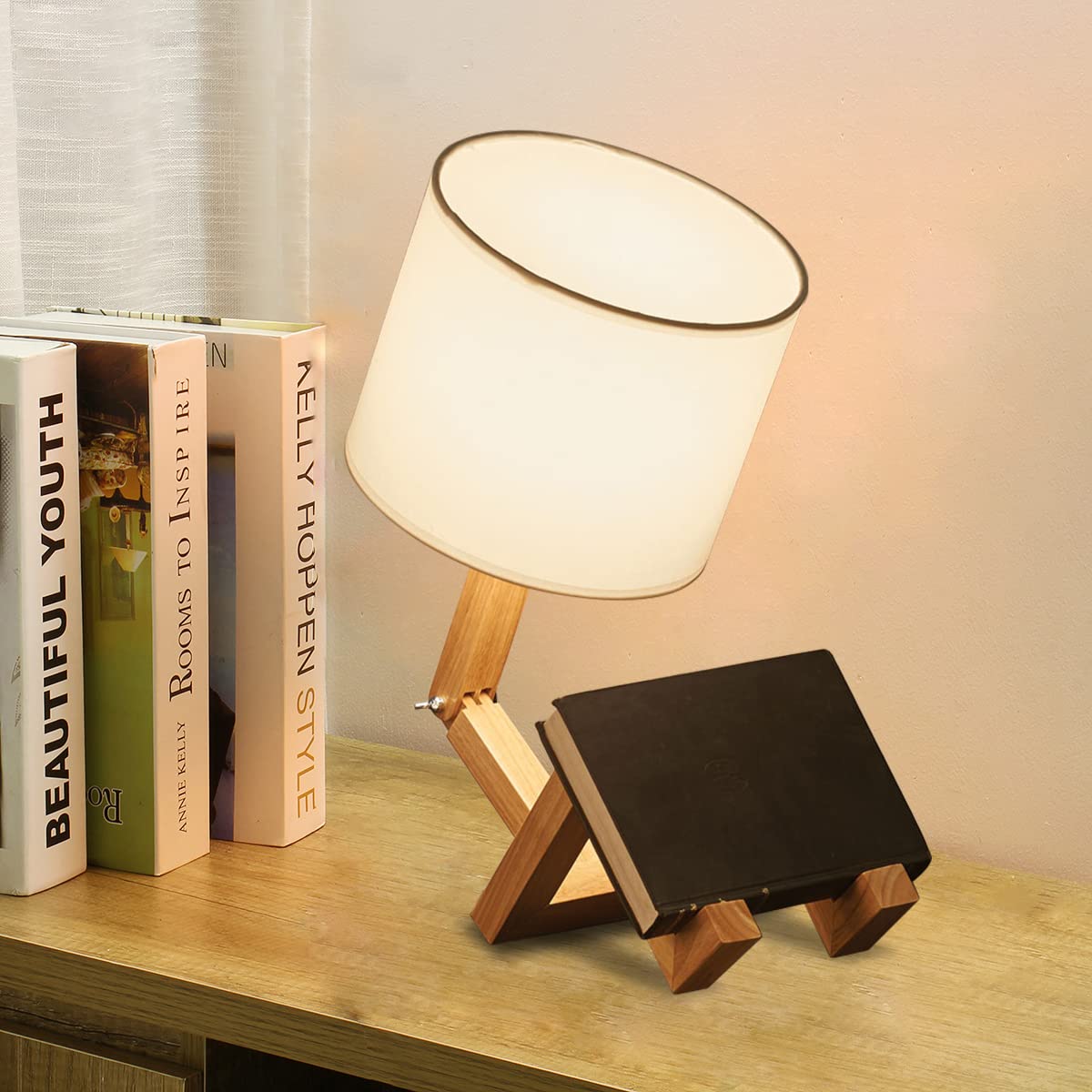 Cute Desk Lamp, Dimmable Robot Table Lamps, Wood Bedside Lamps Nightstand Lamp for Bedroom, Study, Office, Living Room