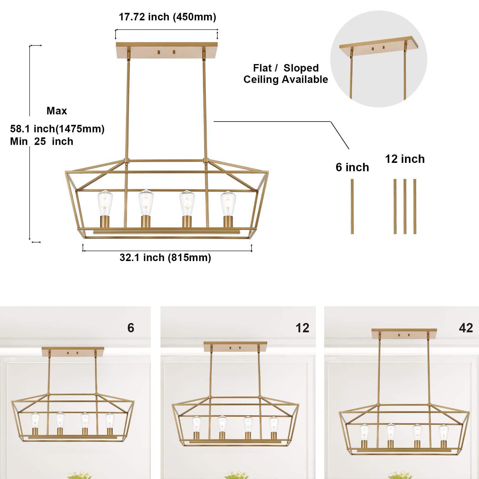 Modern 4 Light Farmhouse Chandelier Gold Linear Kitchen Island Pendant Light Traditional Rectangular Dining Room Lighting Fixture Hanging Metal Cage Pendant Lamp for Hallway Foyer