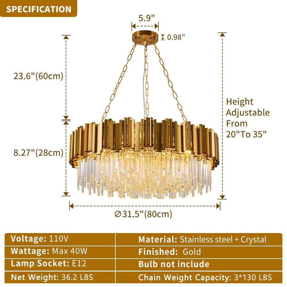 Modern K9 Crystal Pendant Lighting, Round Gold Crystal Chandelier Contemporary Luxury Pendant Ceiling Lighting Fixture for Dining Living Room Kitchen Island, Antique Gold