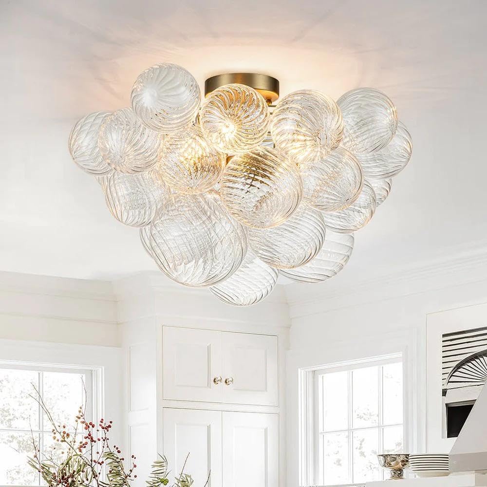 Semi Flush Mount Ceiling Bubble Ball Chandelier Lighting Dia 20 Inch Gold Clear Ribbed Blown Glass Chandeliers Ceiling Medallions Light Fixtures for Bedroom, Living Room, Entry, Bathroom