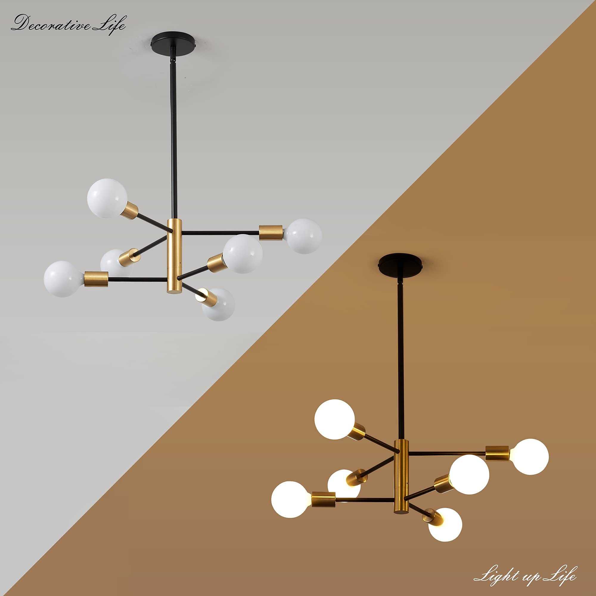 Sputnik Chandelier Modern Gold Chandelier 6-Light E26 Mid Century Ceiling Light Fixture Height Adjustable Hanging Pendant Lighting for Dining Room Kitchen Island Bedroom Office