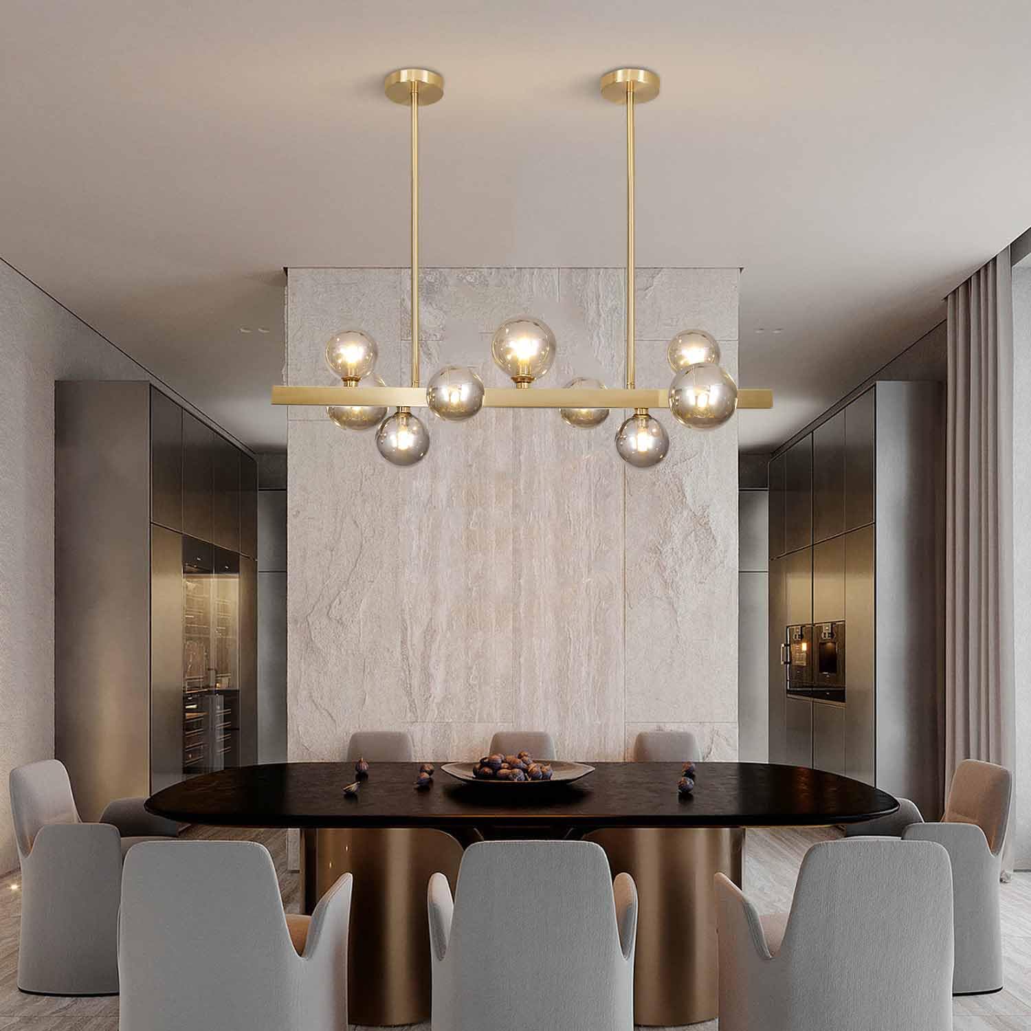 BOKT Modern Gold Chandelier 7-Lights Frosted Glass Globe Pendant Light Kitchen Island Linear Hanging Lighting Fixtures for Living Room Bedroom Dining Room Corridor