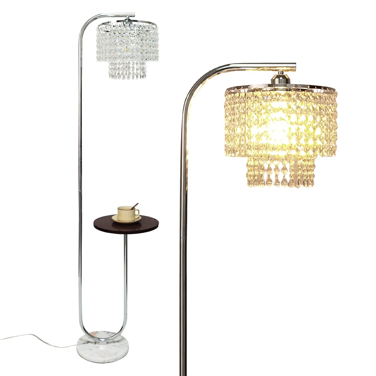 Arc Crystal Floor Lamp for Living Room - Marble Base Modern Tall Stand Up Light with Table,Contemporary Over The Couch Gold Lamp Standing Lamps for Bedroom Office Living Room