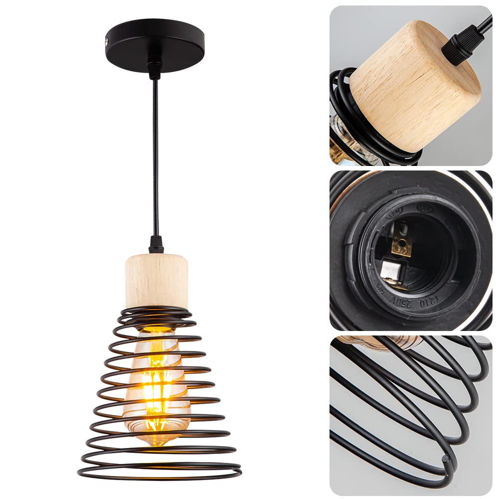 Modern Black Pendant Light Over Kitchen Island, Adjustable Wood Hanging Light Fixture,Industrial Pendant Lighting for Dining Room,Living Room,Bedroom,Hallway,Kitchen,Bar