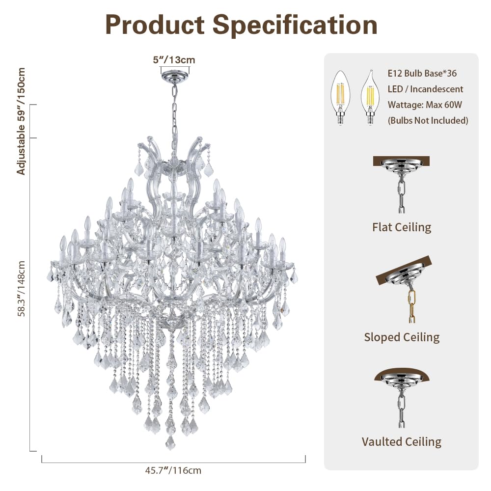 Large Gold Chandelier Light Fixtures - 36 Lights, 4 Layers Modern Crystal Chandeliers for Hotel, Lobby, Foyer, Entrance Hall, Staircase