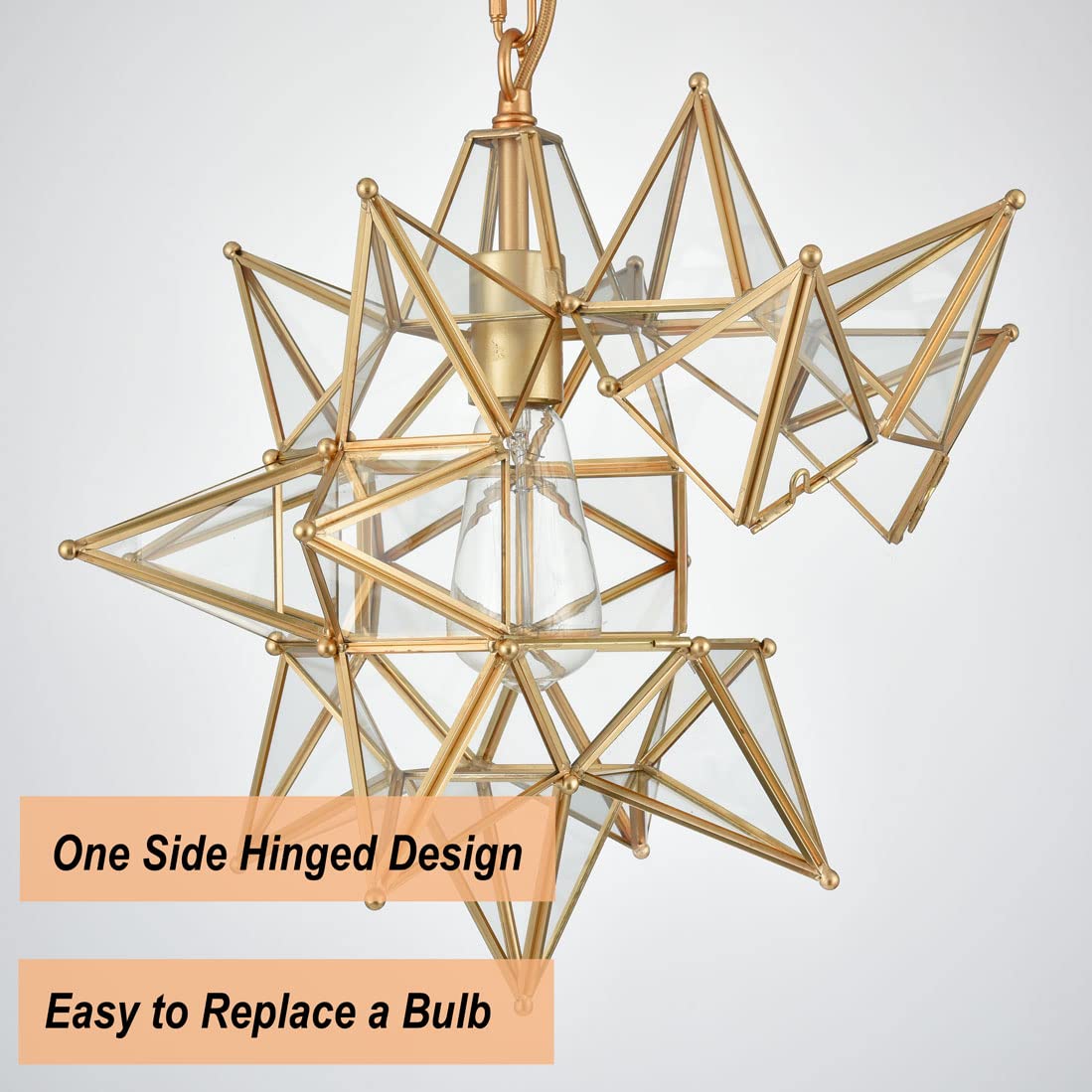 Moravian Star Pendant Light 20-Inch Large Hanging Ceiling Light Modern Gold Finish with Seeded Glass Adjustable Chain