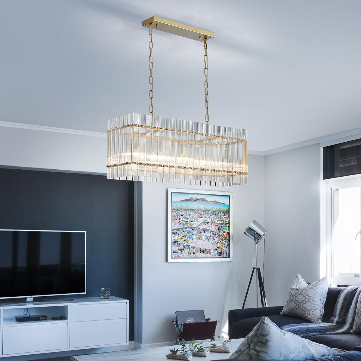 Saint Mossi 21032 Drum Chandelier Light Fixture, Doule Layer Middle Century Modern Design, with 5-Light, D18 x H10, Adjustable 59" Chains, Ripple Glass Shade & Gold Finish Metal Frame