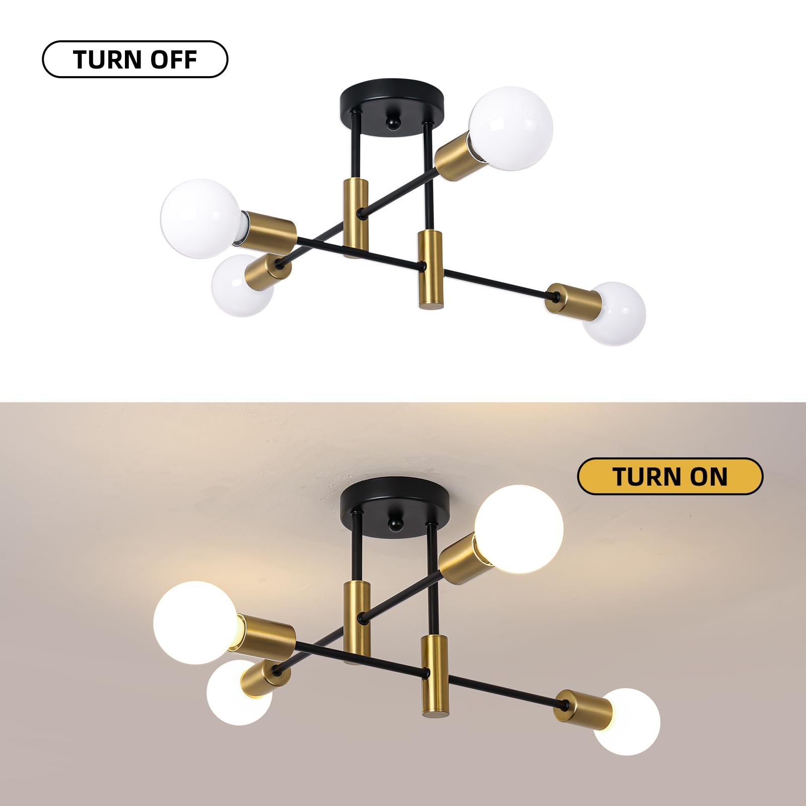 10 Lights Modern Sputnik Ceiling Chandelier Gold Industrial Ceiling Lamp Mid Century Semi Flush Mount Ceiling Light Fixture for Kitchen Dining Room Living Room Bedroom Foyer Lighting