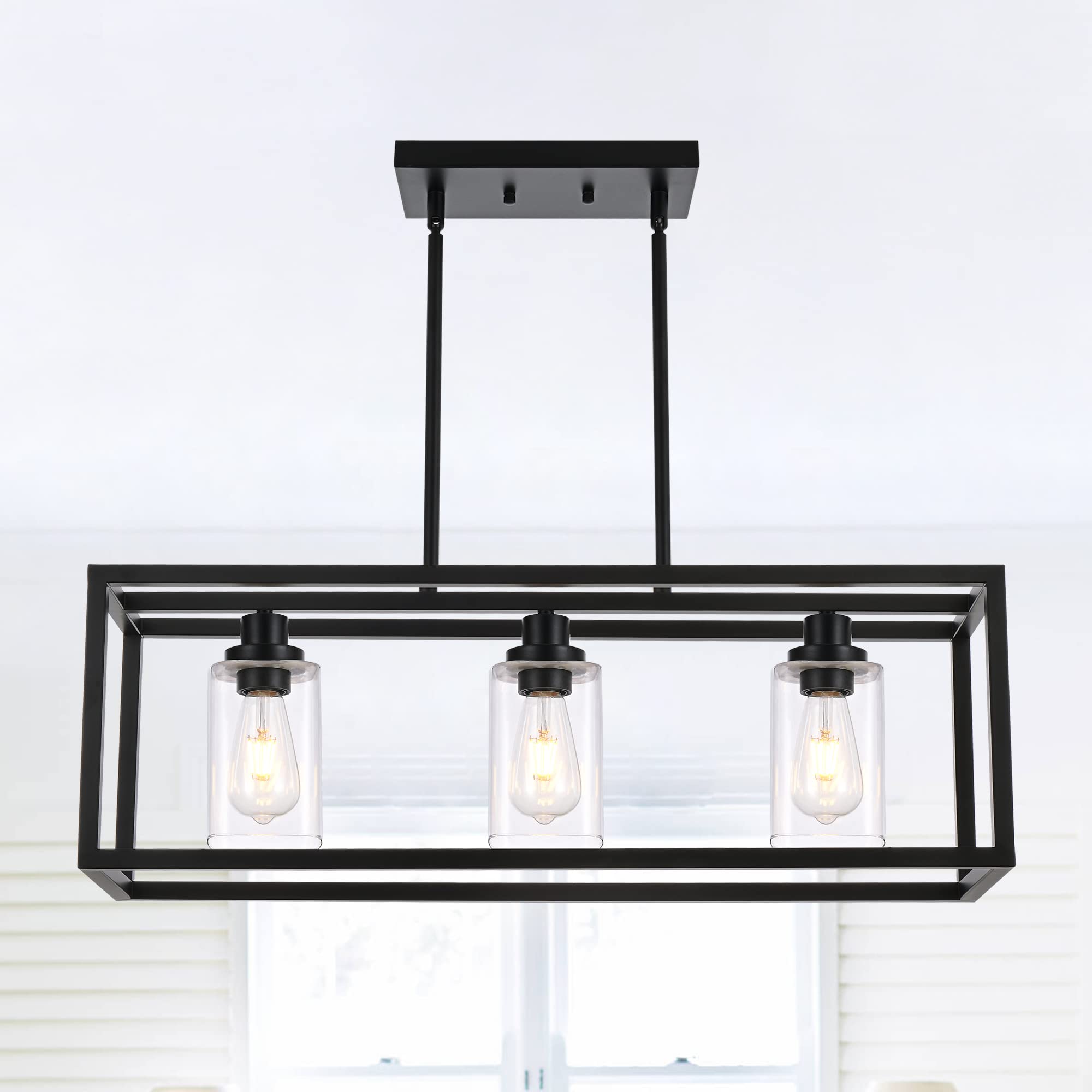 3 Light Kitchen Island Lighting Linear Chandelier Black Pendant Lighting with Rectangular Clear Glass Shade for Dining Room Bar Kitchen Pool Table, Adjustable Height