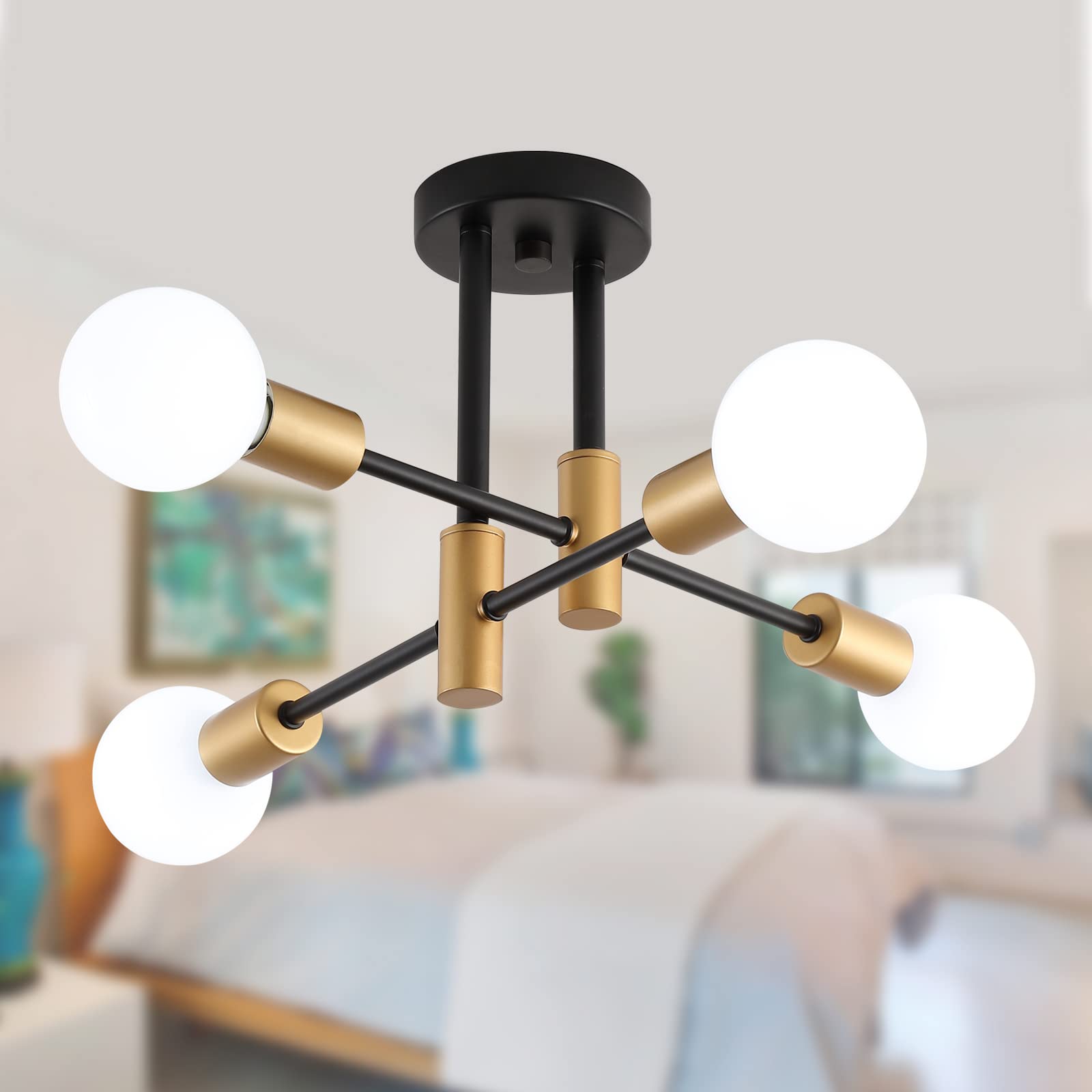 Gold Modern Sputnik Chandelier Ceiling Light Fixtures,6-Lights Industrial Metal Semi Flush Mount Ceiling Light for Bedroom Dining Room Living Room Kitchen Hallway UL Listed