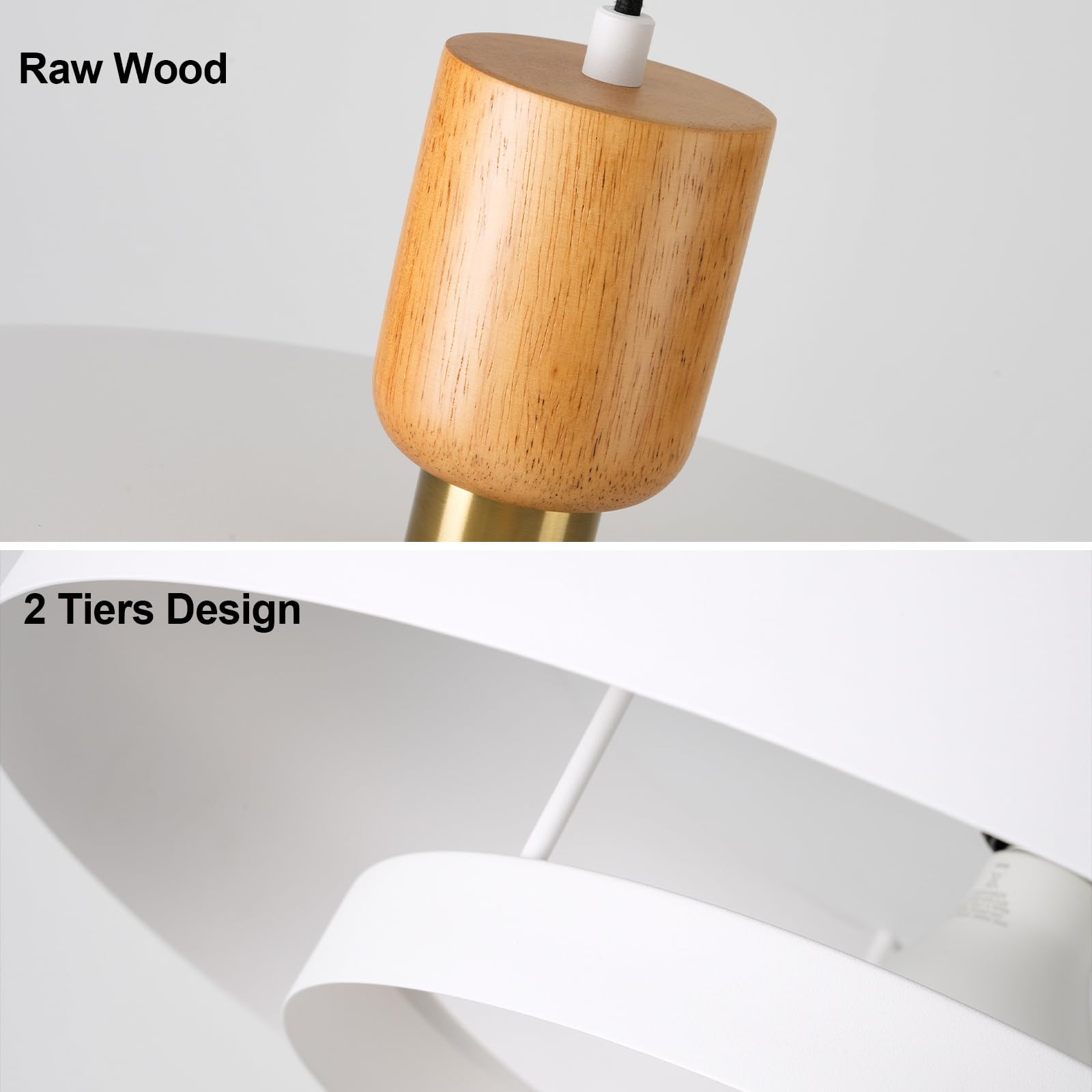 Modern Large Pendant Light 19.68 inch, 2 Tiers Matte White Shade, Natural Wood and Brass Accent, Mid Century Chandelier for Kitchen Island, Dining Room, Living Room