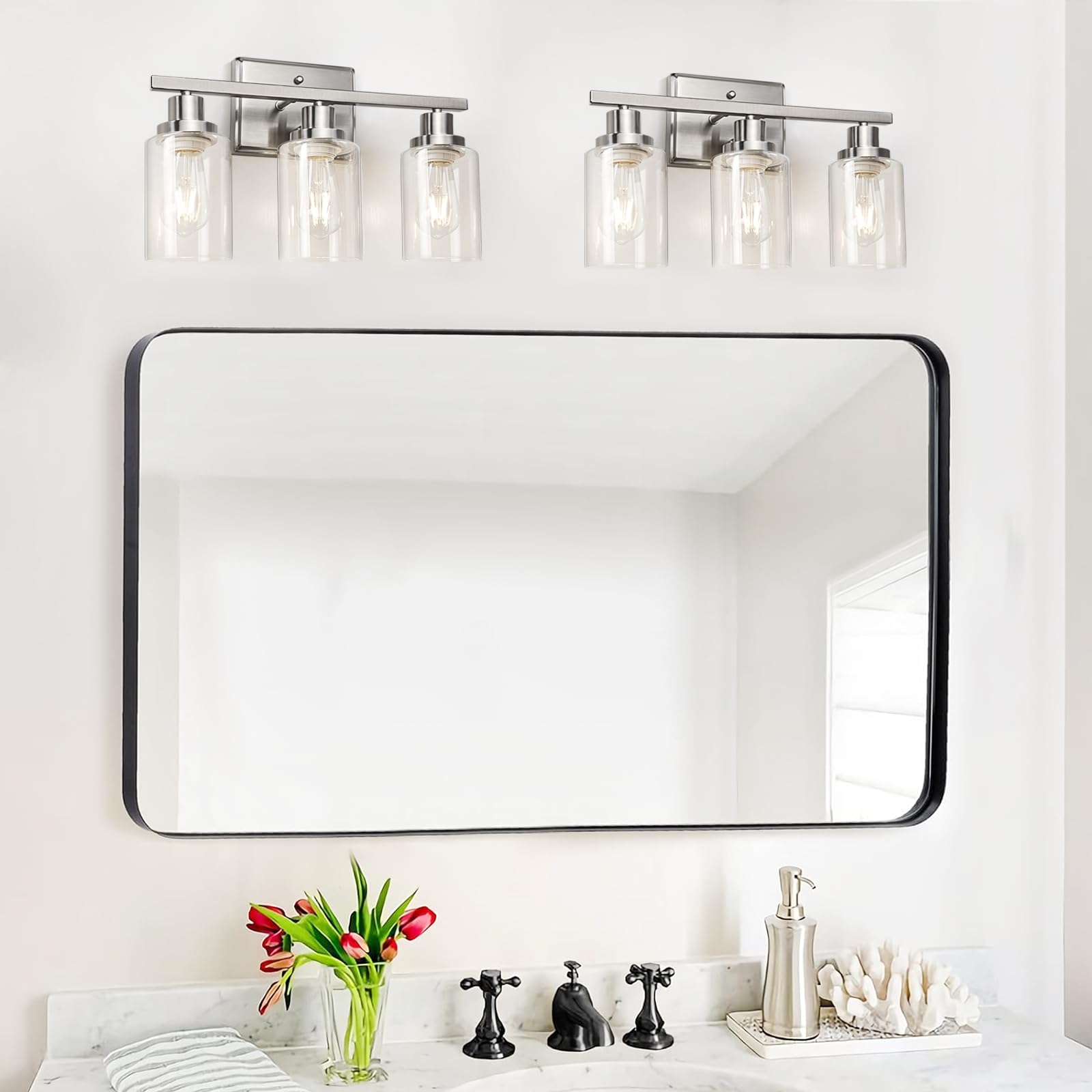 Ascher Bathroom Vanity Light Fixtures, 3 Light Wall Sconces Lighting with Clear Glass Shade, Brushed Nickel Wall Lights for Mirror, Kitchen, Living Room, Gallery, E26 Base (Bulbs Not Included)