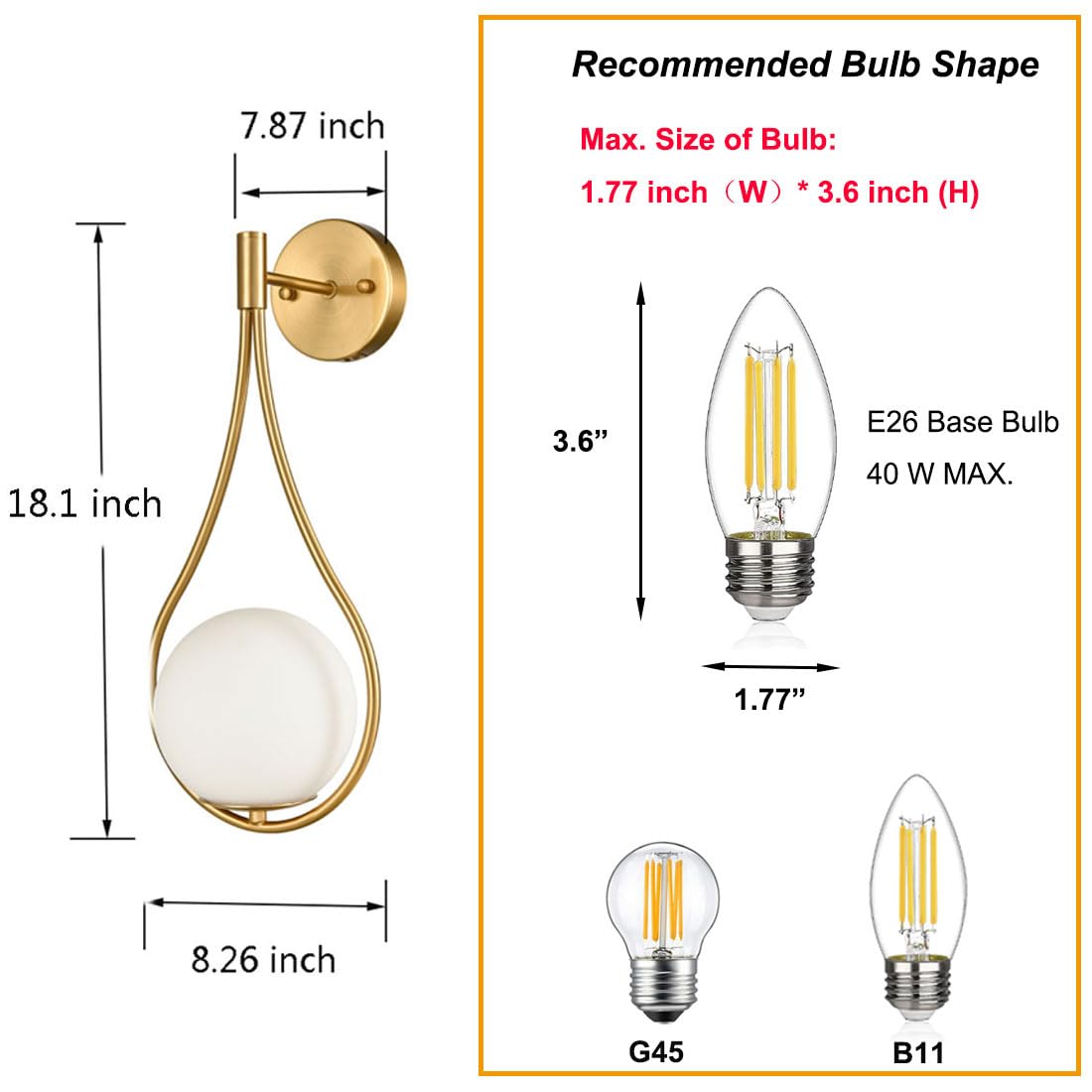 Mid-Century Globe Wall Sconce Lamp Modern Vanity Wall Light Fixture Brass Finish