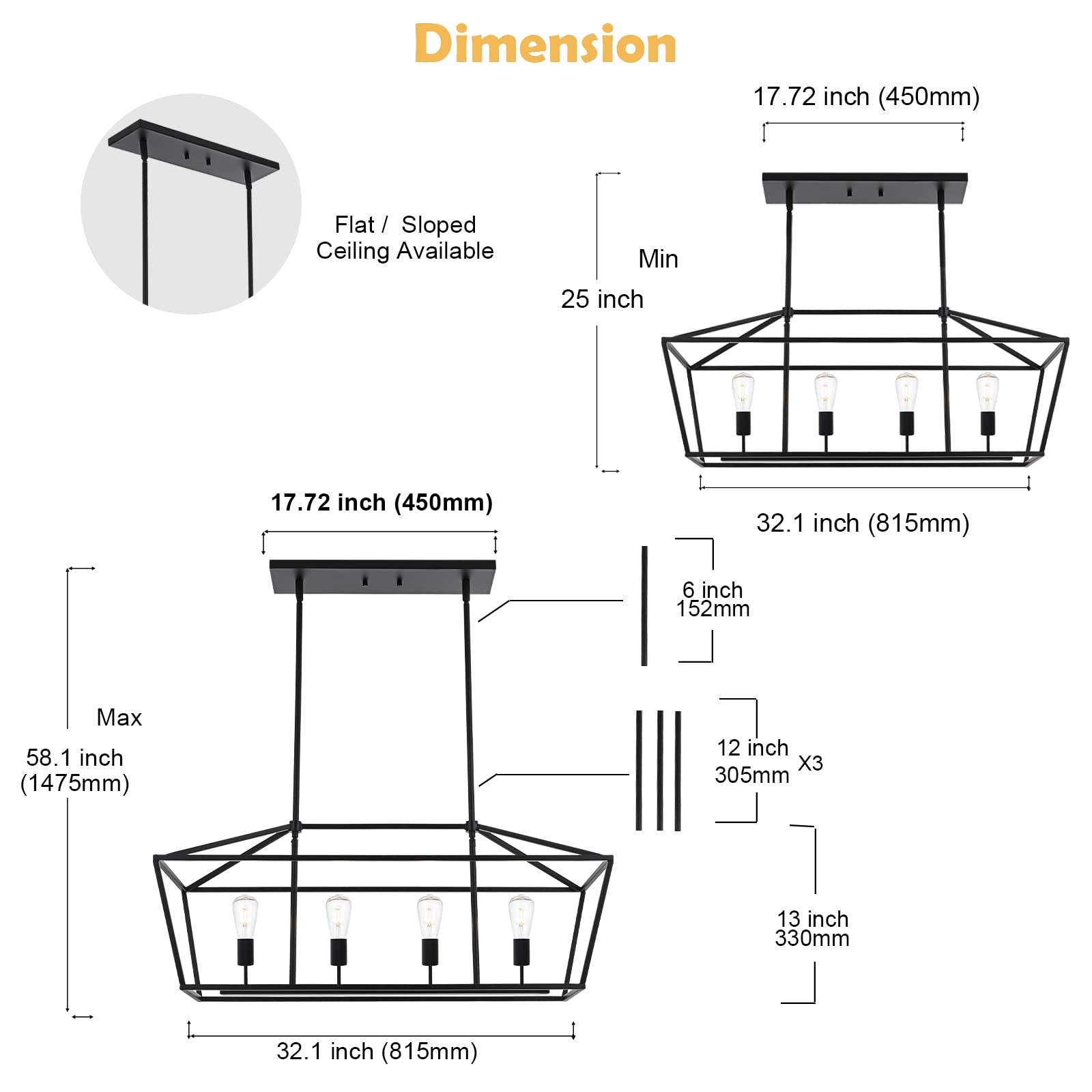 Modern 4 Light Farmhouse Chandelier Gold Linear Kitchen Island Pendant Light Traditional Rectangular Dining Room Lighting Fixture Hanging Metal Cage Pendant Lamp for Hallway Foyer