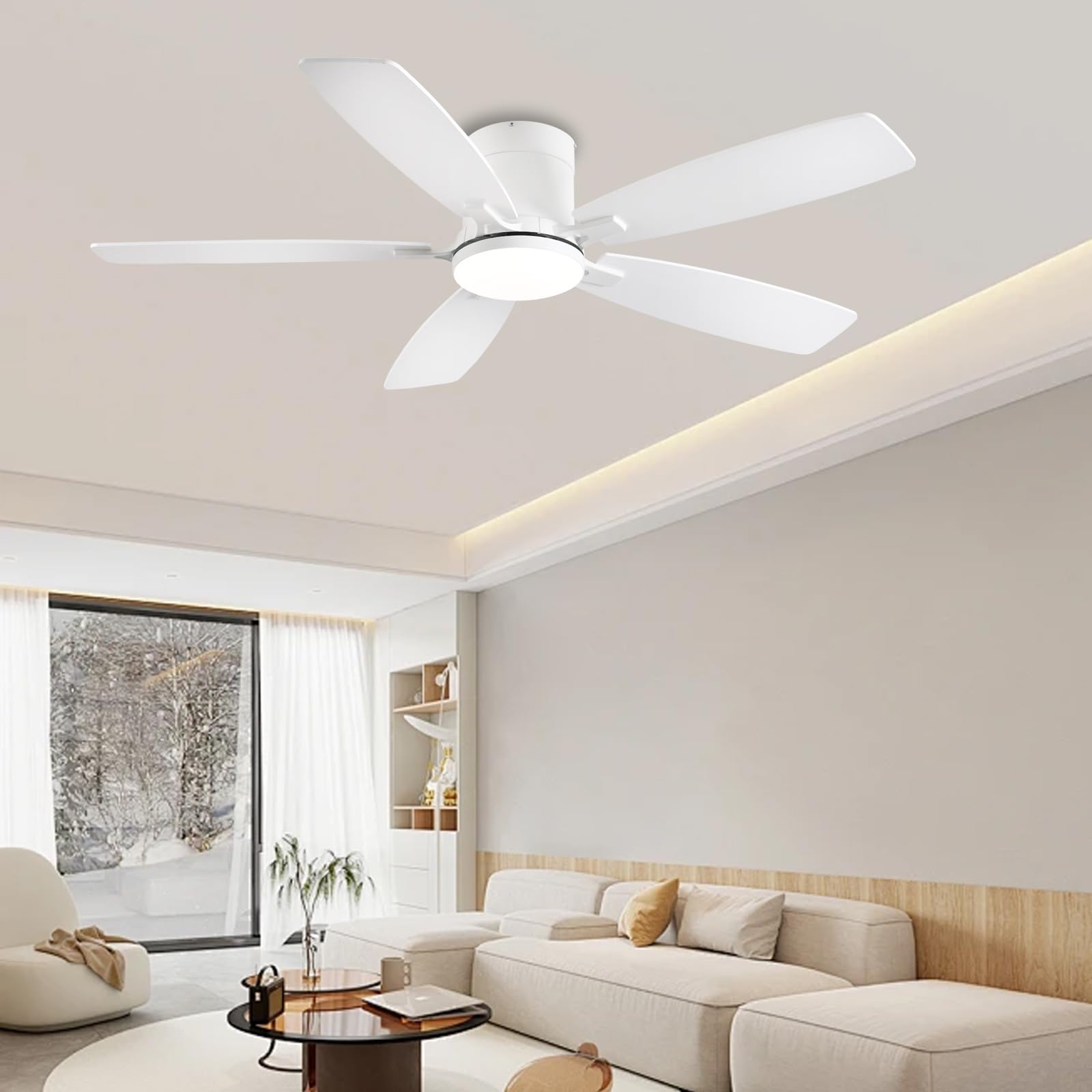 Ceiling Fans with Lights, 52 inch Low Profile Ceiling Fan with Light and Remote Control, Flush Mount, Reversible Motor, Dimmable, Noiseless, White Ceiling Fan for Bedroom, Indoor/Outdoor Use