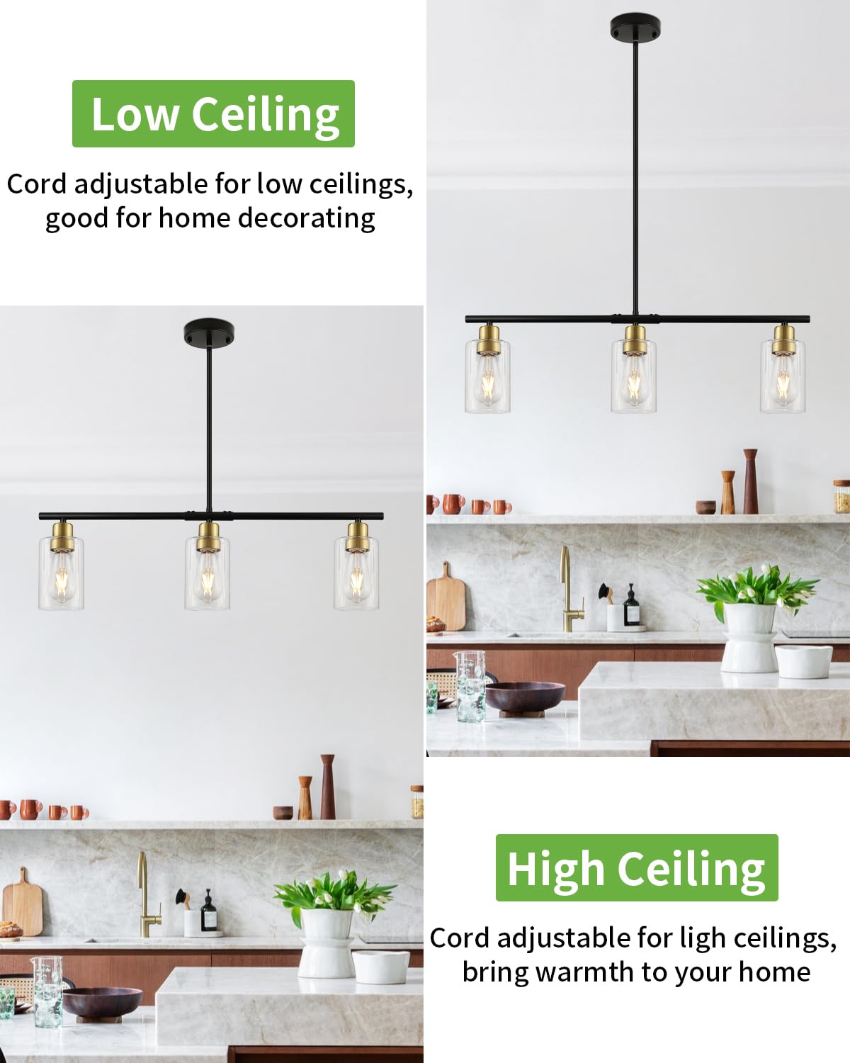 3 Lights Kitchen Island Lighting, Black Pendant Light Fixtures with Glass Shade Dining Room Light Fixture Adjustable Farmhouse Chandelier Modern Pendant Lights Ceiling Hanging Lighting E26 Base