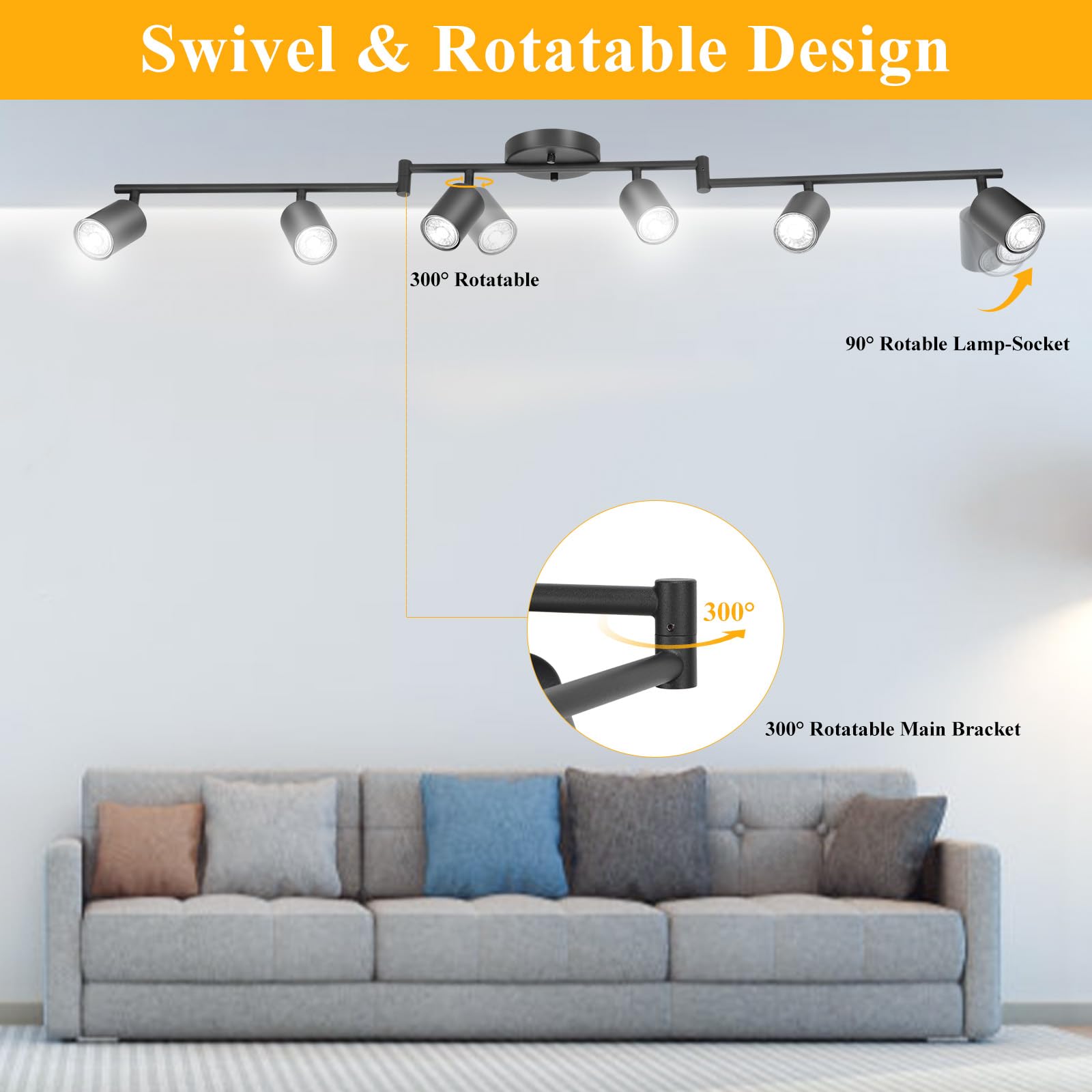 LED 2 Light Track Lighting Kit, Black 2 Way Ceiling Spot Lighting, Flexibly Rotatable Light Head for Kitchen, Living Room, Bedroom, GU10 Bulb Not Included