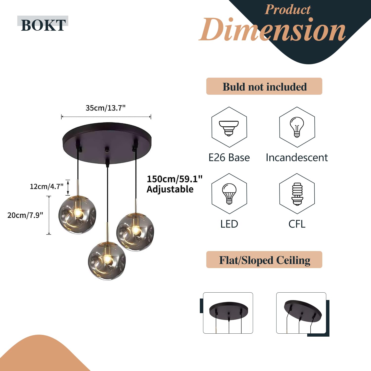 BOKT Modern Gold Kitchen Island Pendant Light Mid Century 3-Lights Globe Pendant Light Fixture Cluster Multi Light Pendant Lighting Bedside Glass Ball Pendant Lamp