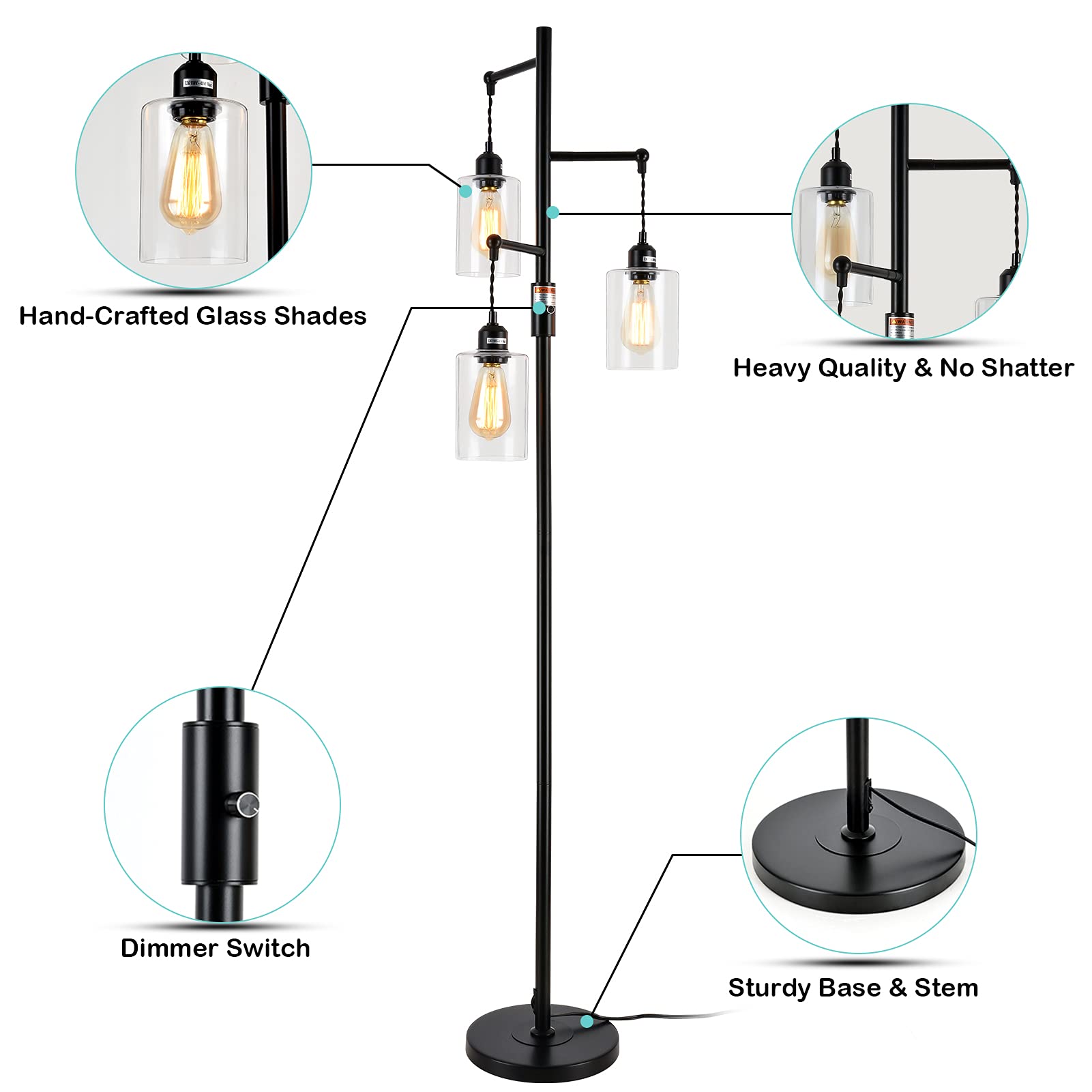 Industrial Floor Lamp with On/Off Dimmable Switch, 3-Head Rustic Tree Standing Lamp, Edison Bulb 40W Retro Tall Glass Floor Light for Living Room, Reading, Office, Bedroom, Black