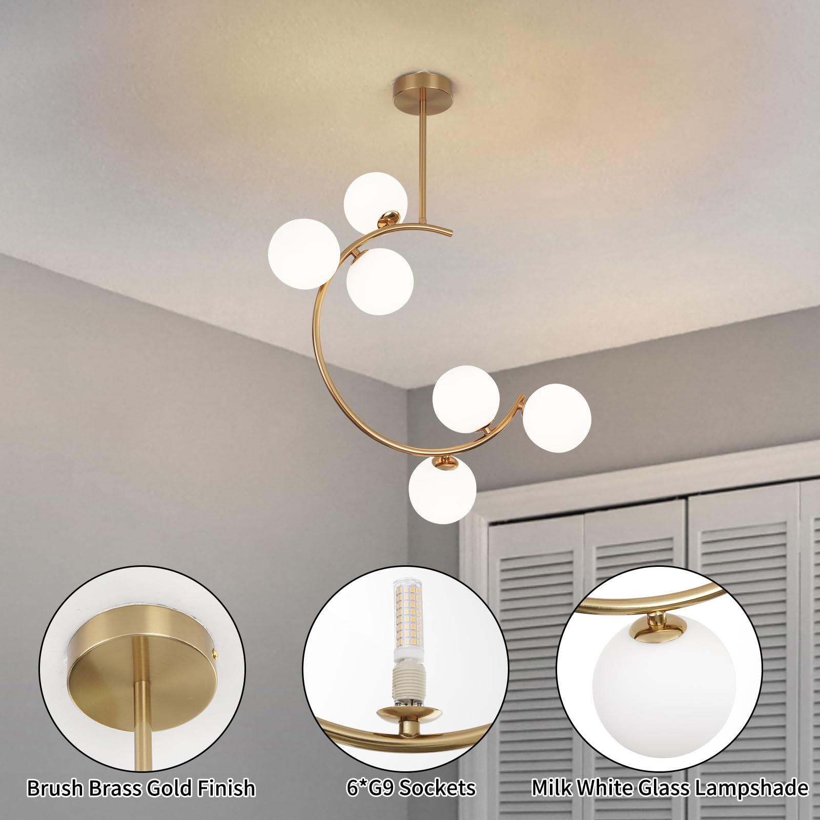 Modern Semi Flush Mount Ceiling Light - Easric Gold Ceiling Light Fixture Mid Century Light Fixtures Ceiling Mount with 3 Frosted Glass Lampshade Globe Ceiling Lamp for Hallway Kitchen Bedroom